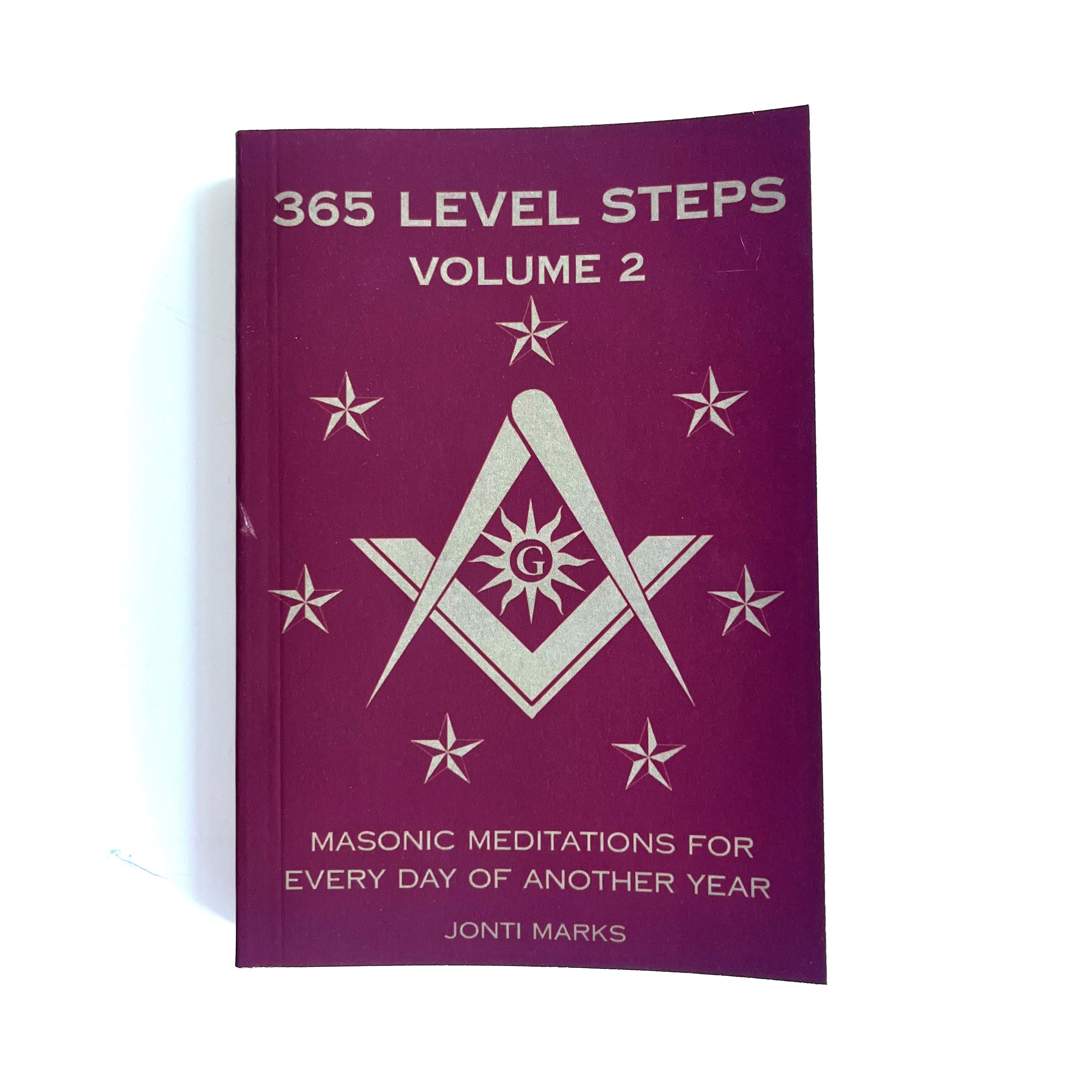 Cover of the book '365 Level Steps: Volume 2', featuring a purple background with Masonic symbols and the title in white text.