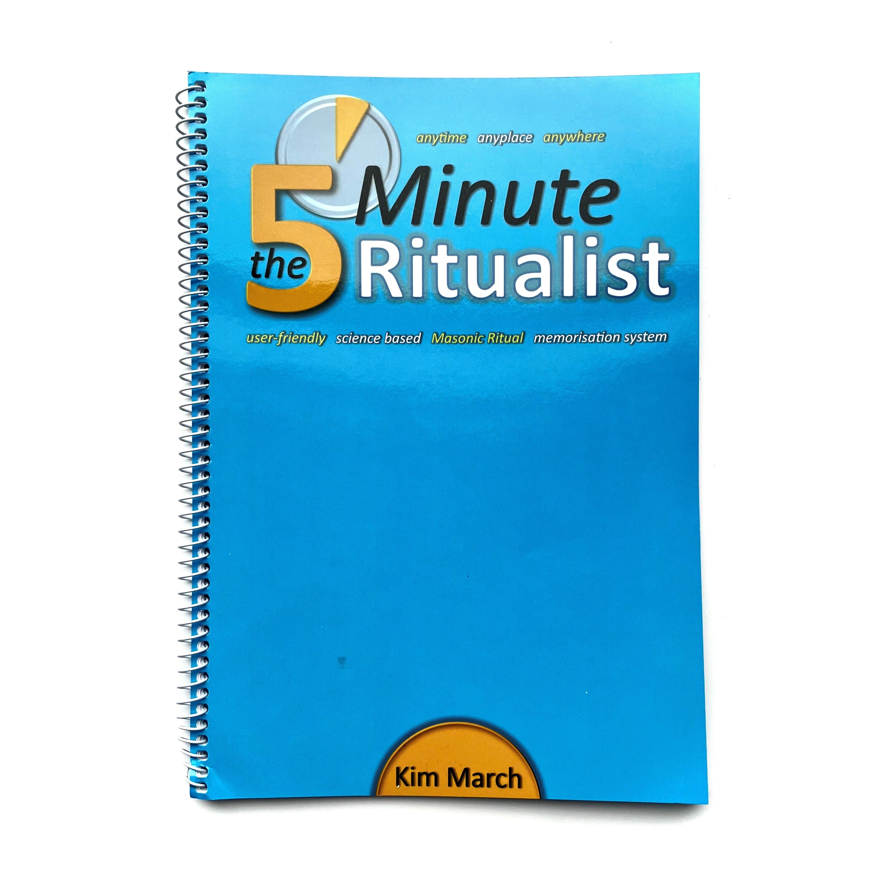 A blue spiral-bound book titled '5 Minute Ritualist' by Kim March