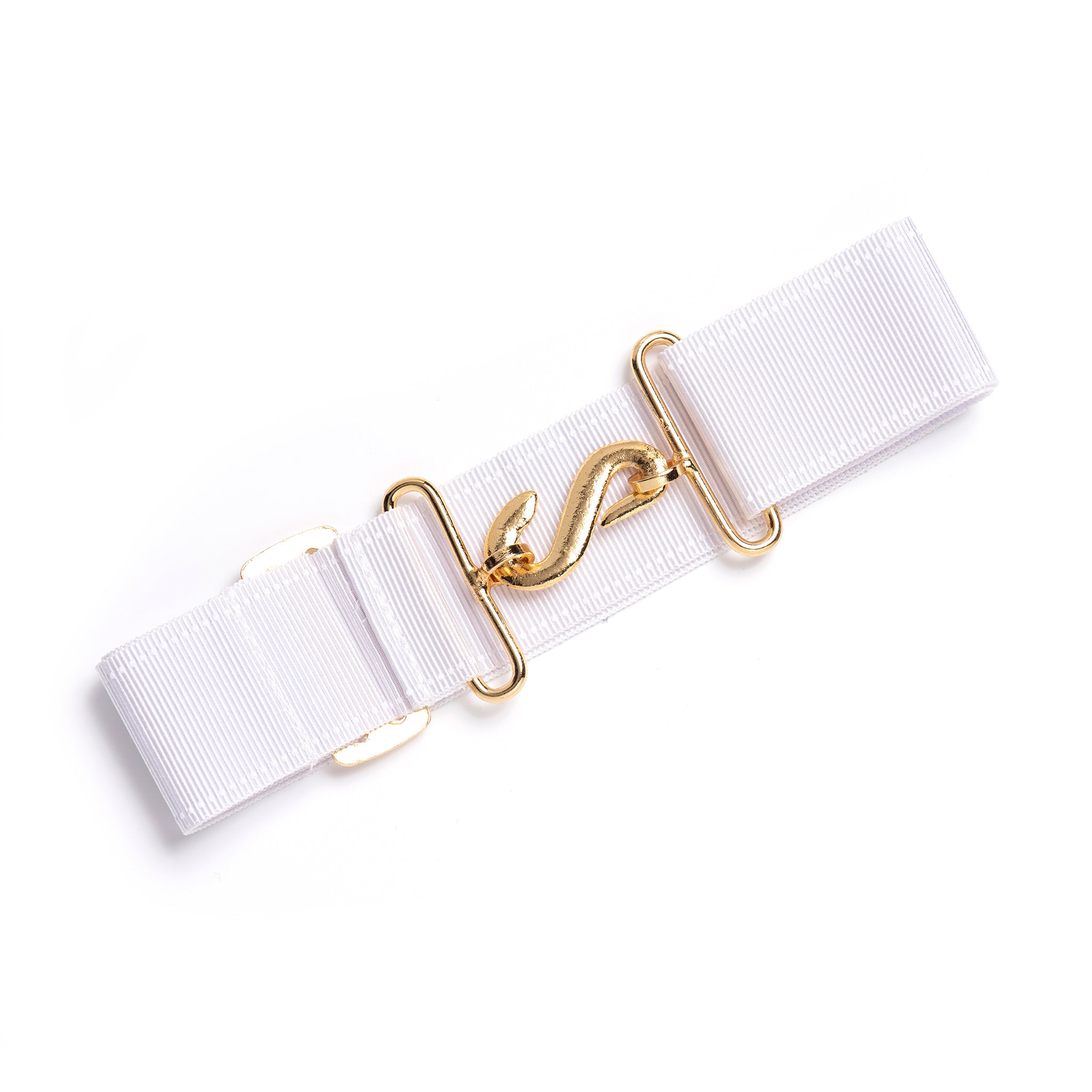 A white Masonic companion extension belt with a gold snake clasp.