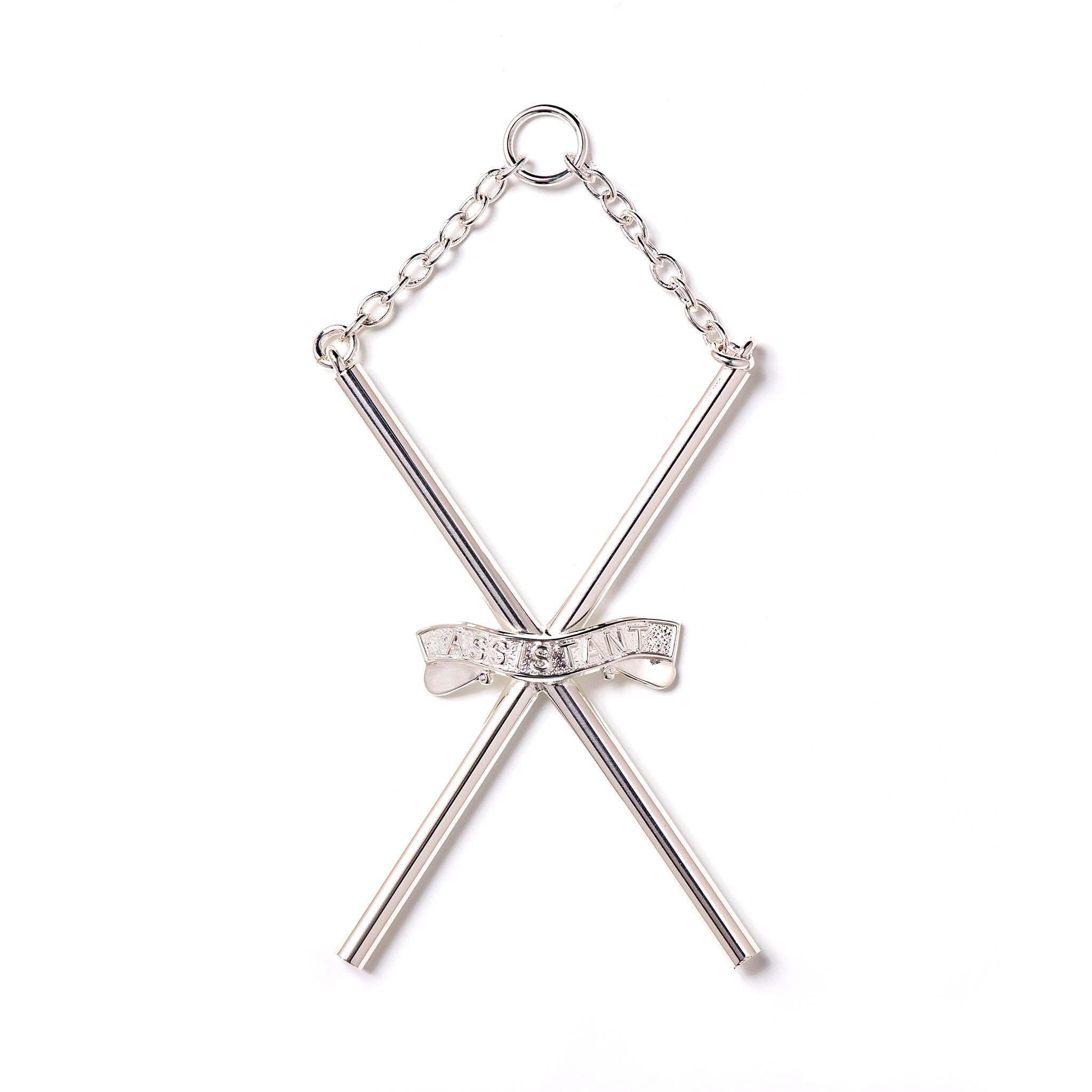 A silver-colored collar jewel with a V-shaped design and a central ornamental element, suspended from a small chain.