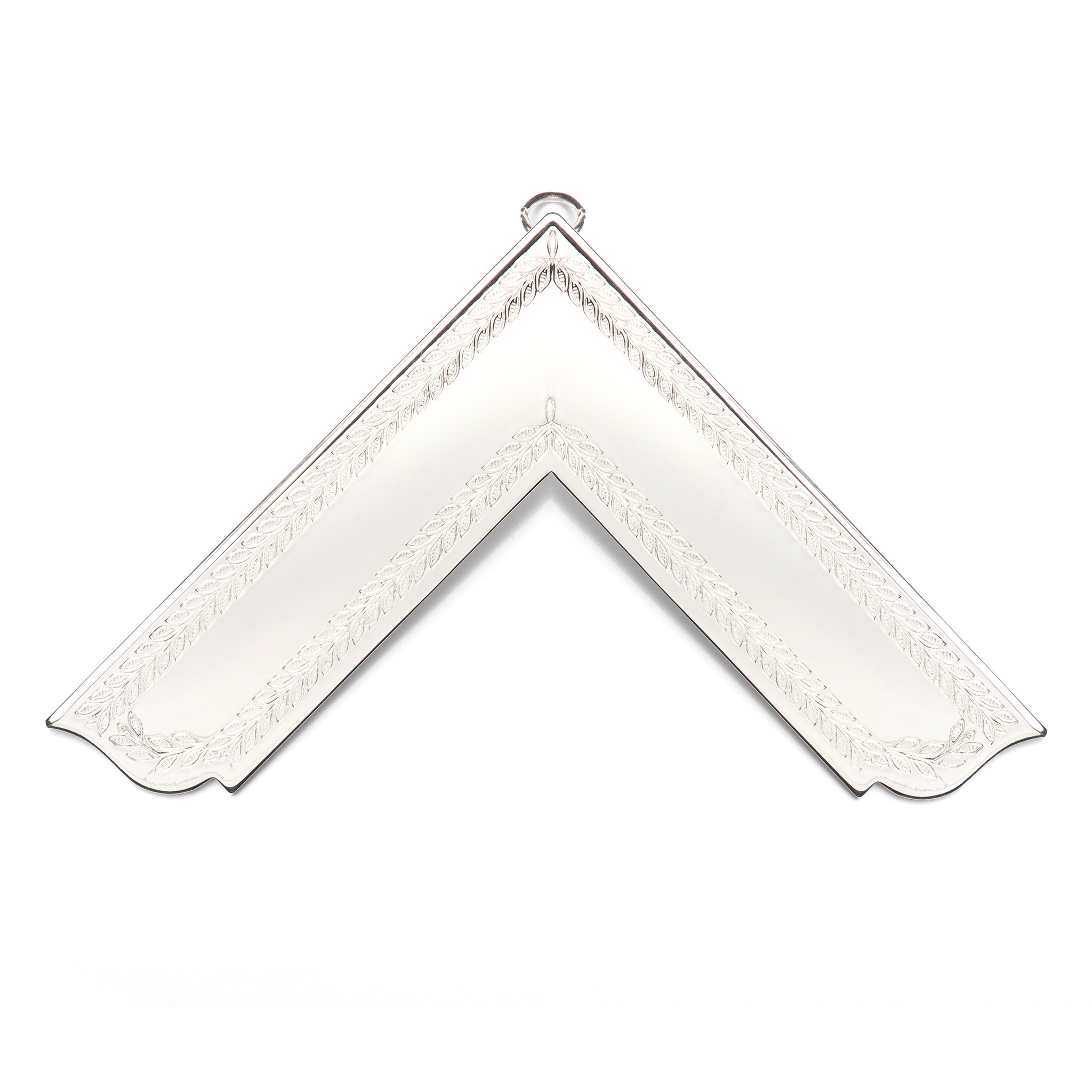 A white, V-shaped Masonic collar jewel with intricate detailing.