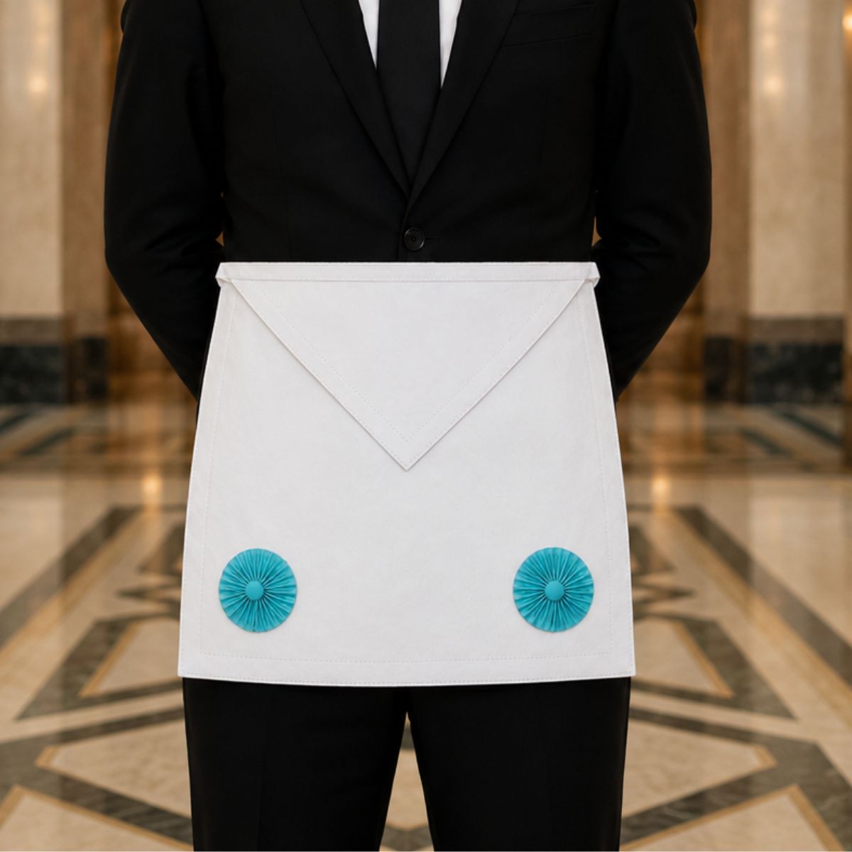 UGLE approved Fellow Craft Masonic apron with two turquoise rosettes being worn