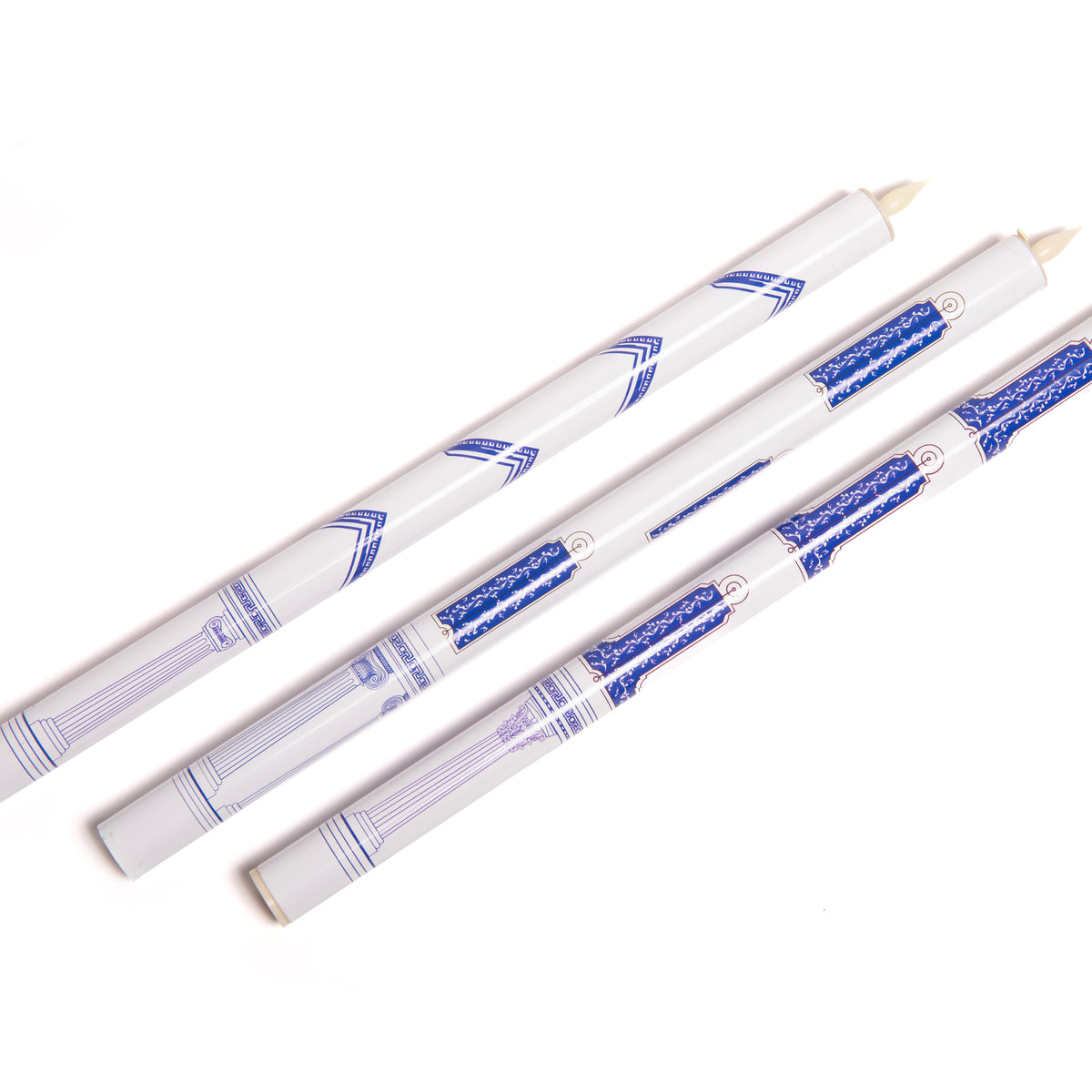 A set of three Masonic Craft white LED candles with blue and white, displayed against a white background.
