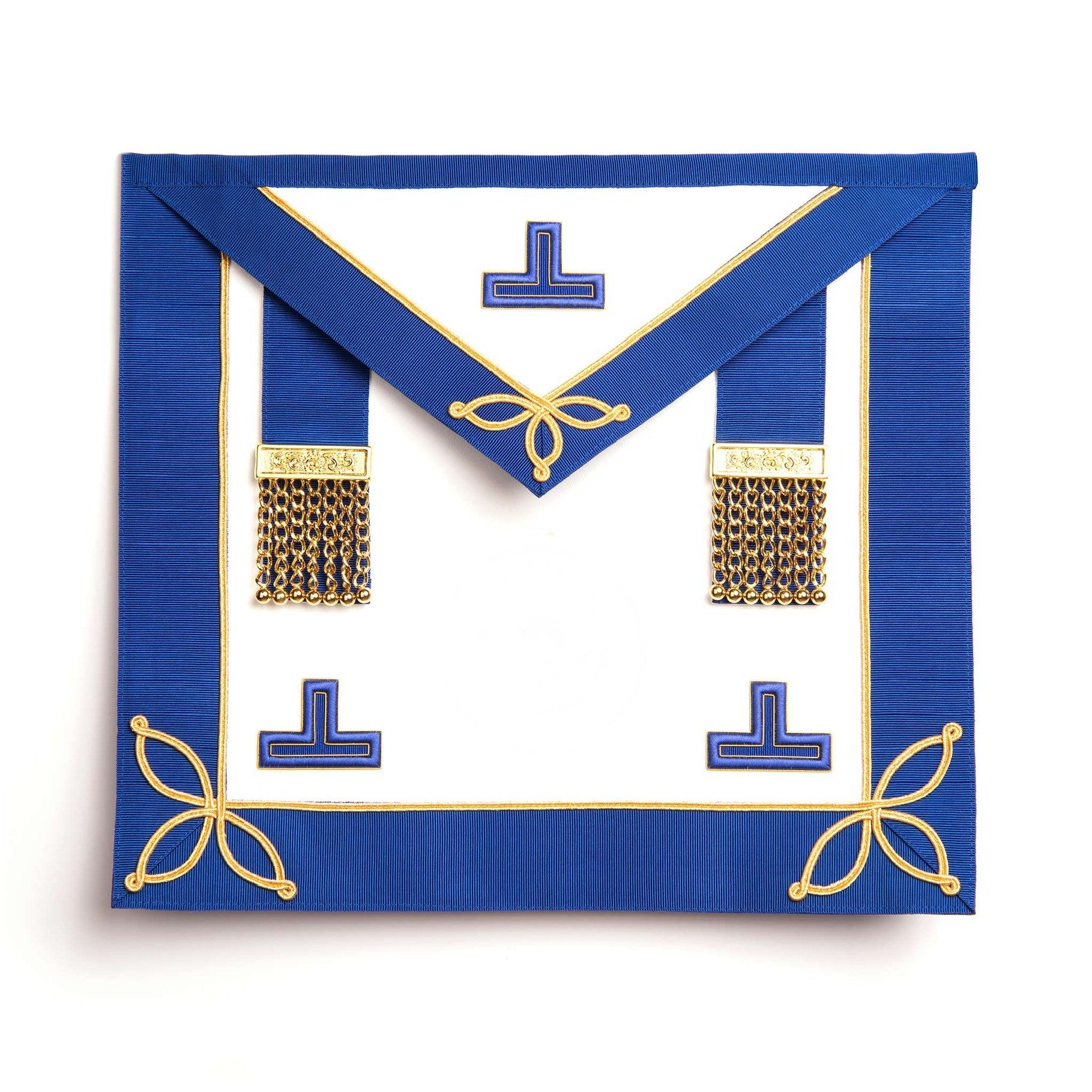 A blue Masonic Craft apron with gold and silver accents and symbols.