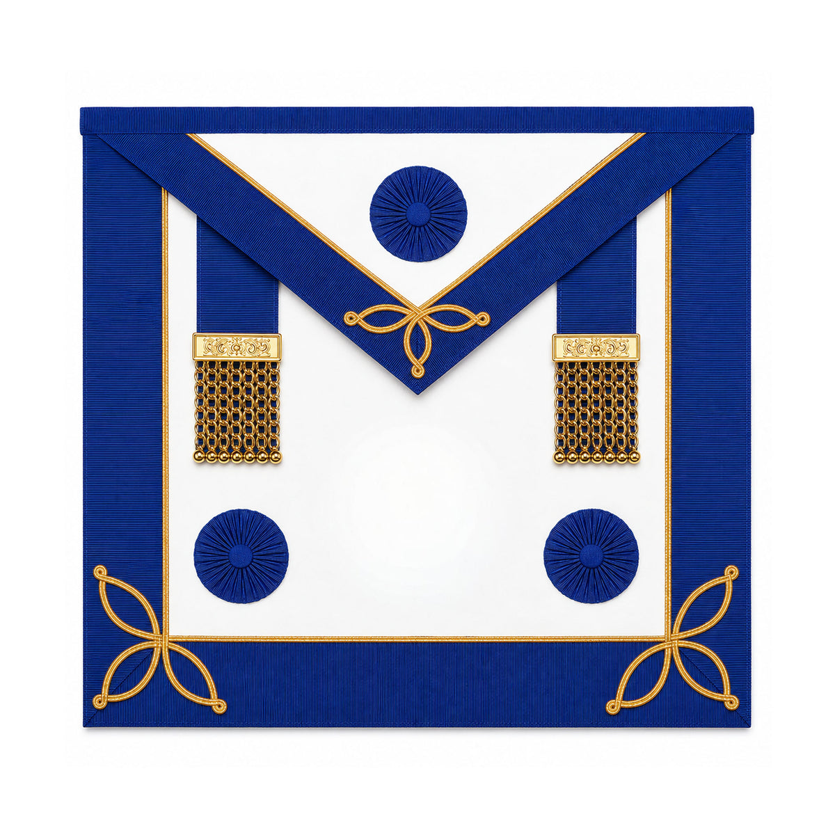Craft provincial undress rosettes apron, with blue trim, and gold detailing.
