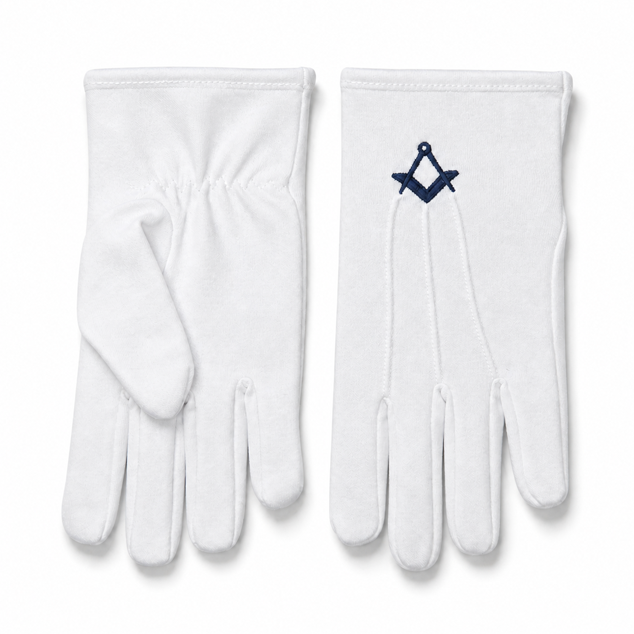 Masonic white cotton gloves with blue square and compass embroidery, Freemason lodge regalia gloves