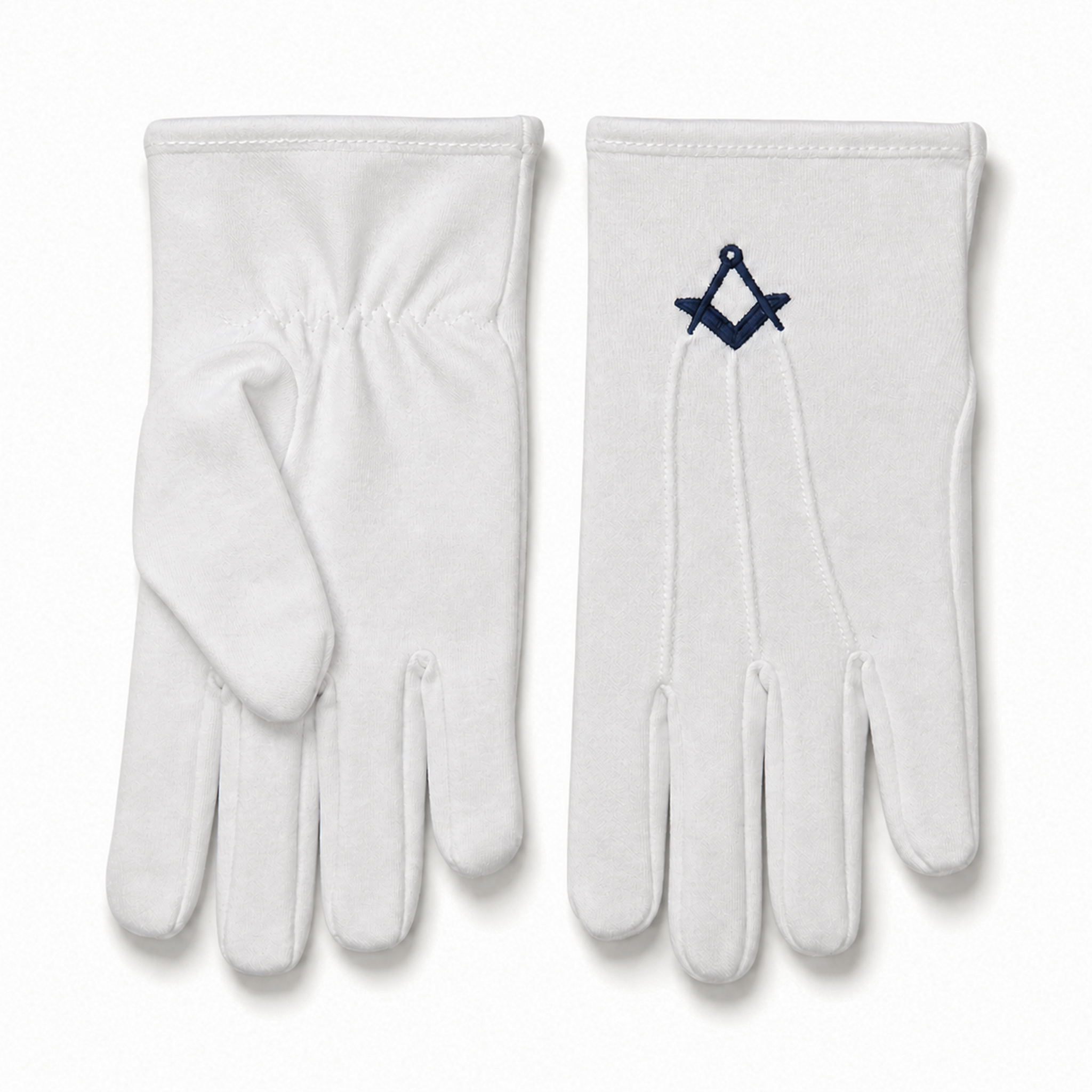 Masonic white cotton gloves with blue square and compass embroidery, Freemason lodge regalia gloves