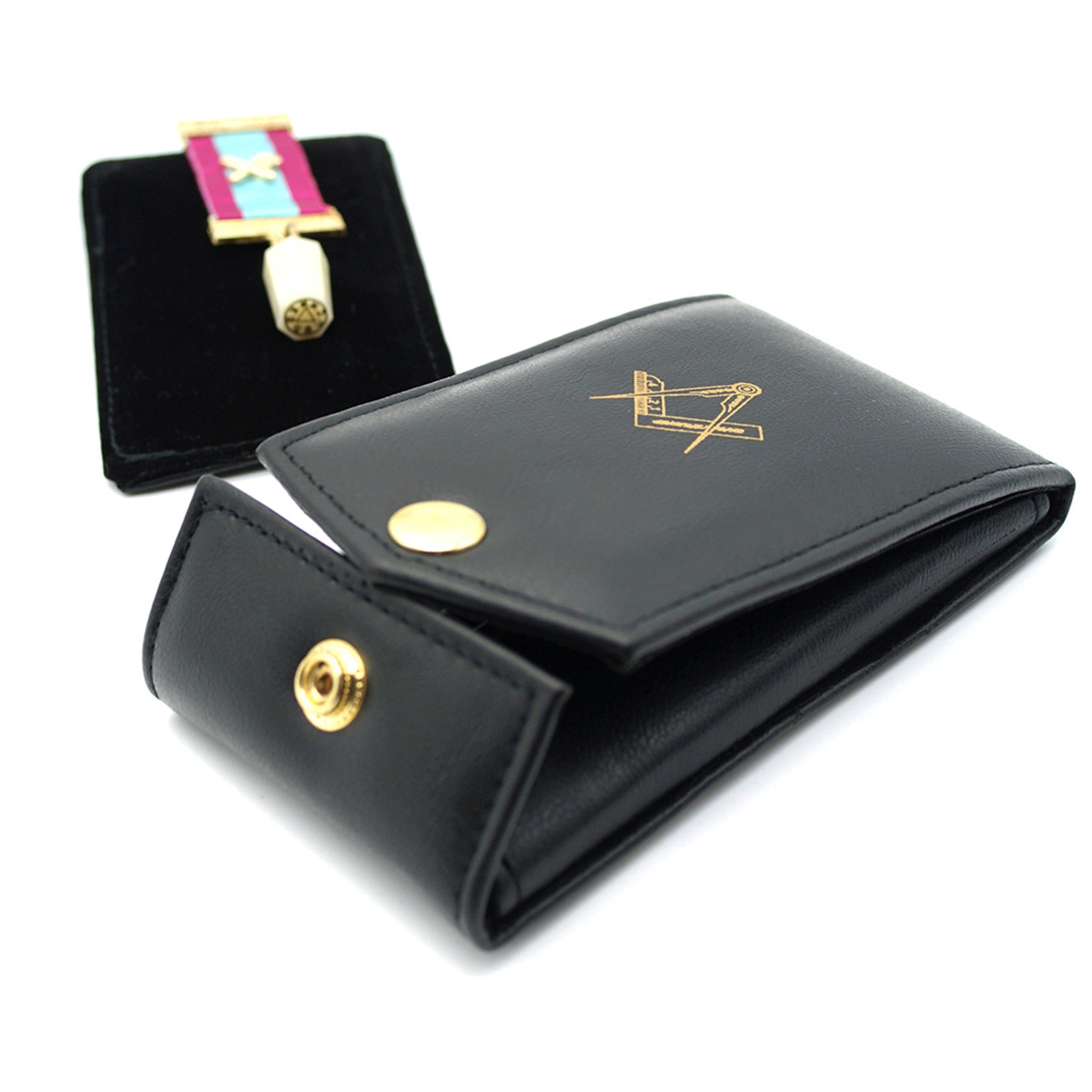 A black faux leather masonic double breast jewel case and holder with a gold print Square & Compasses emblem. Includes a detachable jewel pad and a medal with a ribbon for display purposes.