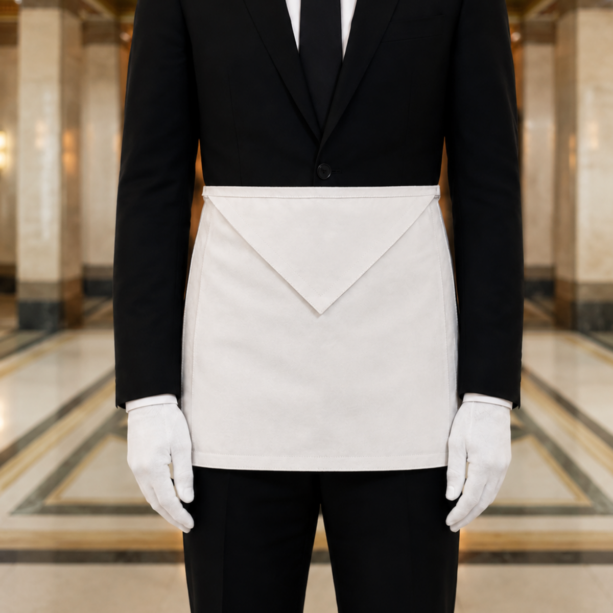 UGLE approved enterted apprentice masonic apron worn with black suit and white gloves.