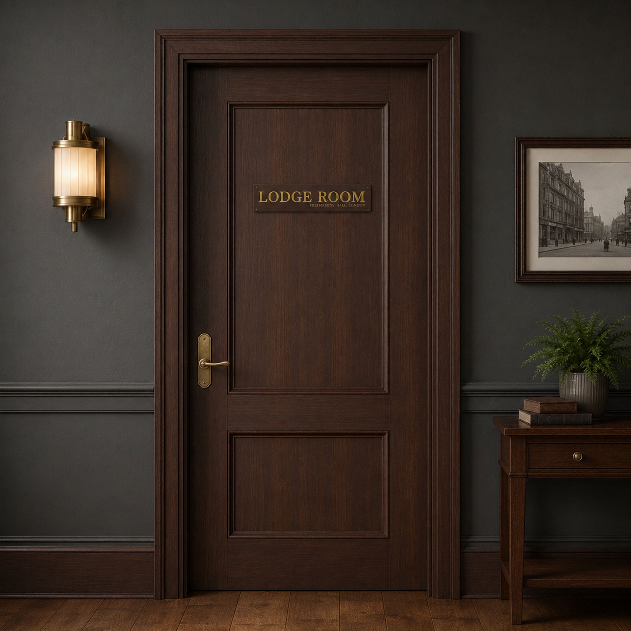A Masonic wooden lodge room sign hung on a door.