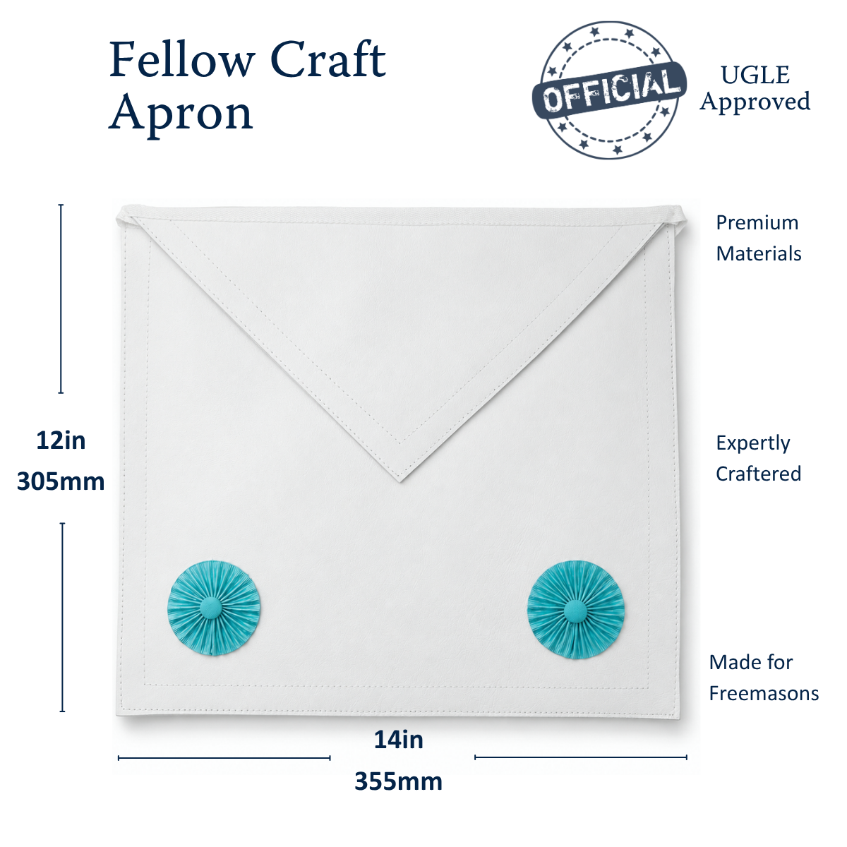 UGLE approved Fellow Craft Masonic apron with two turquoise rosettes size dimension.