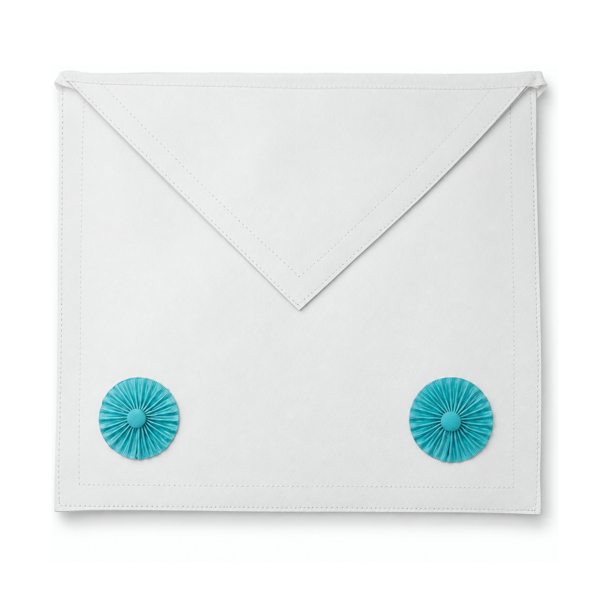 UGLE approved Fellow Craft Masonic apron with two turquoise rosettes.