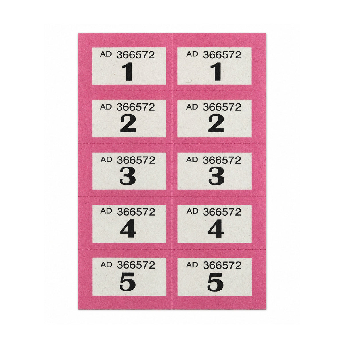A sheet of rectangular raffle tickets labels with a pink border and white centers, arranged in two columns. Each label shows the text 'AD 366572' followed by a black number from 1 to 5, on a plain white background. Ideal for a Masonic festive boards.