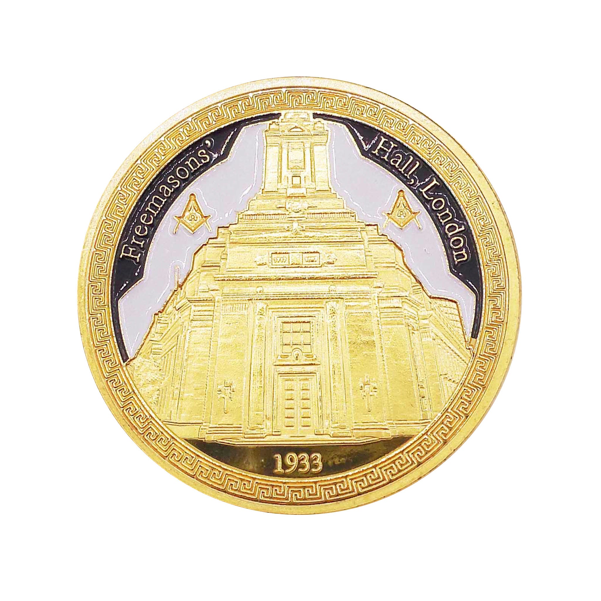 A hand-painted collectable coin with Freemasons' Hall, London depicted on one side and the square & compasses design on the reverse, predominantly gold and silver in color.