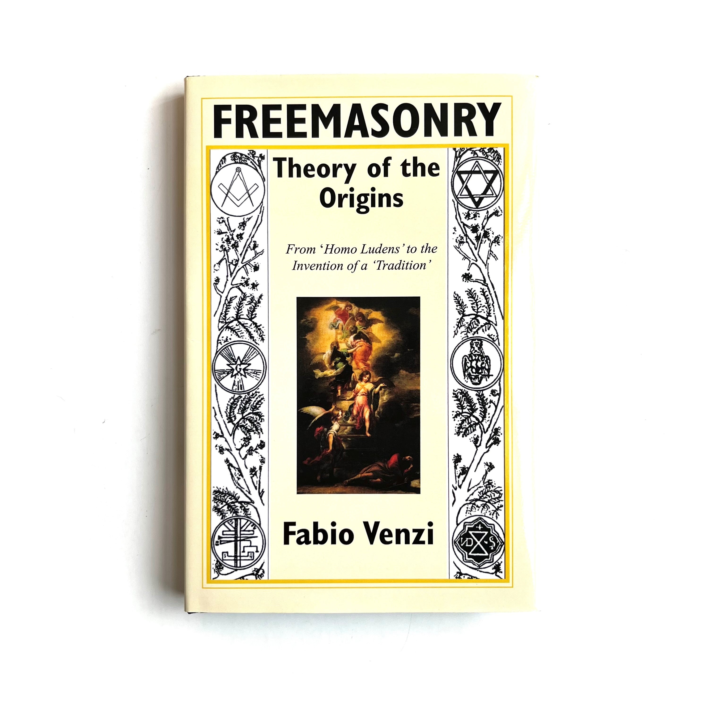 A book cover for 'Freemasonry: Theory of the Origins' by Fabio Venzi, featuring a title and author name, and an illustration of a Masonic or esoteric nature.