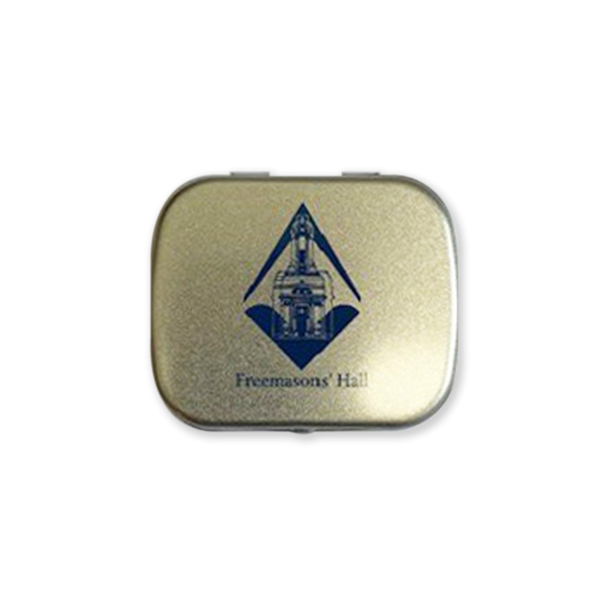 A small tin box with the Freemasons' Hall branding on the lid.