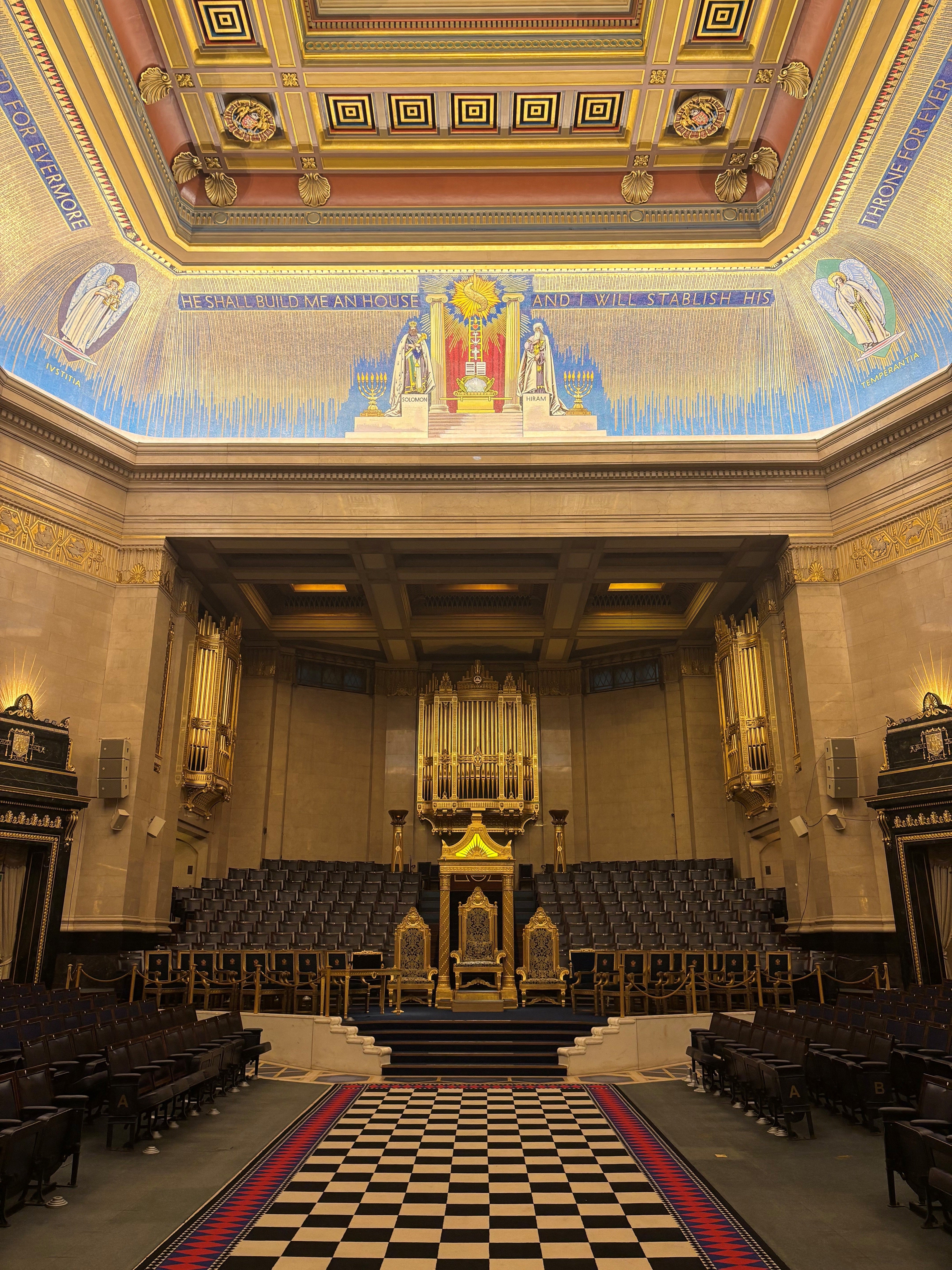 A photograph shwoing part of the inside of Freemasons' Hall Grand Temple in London.