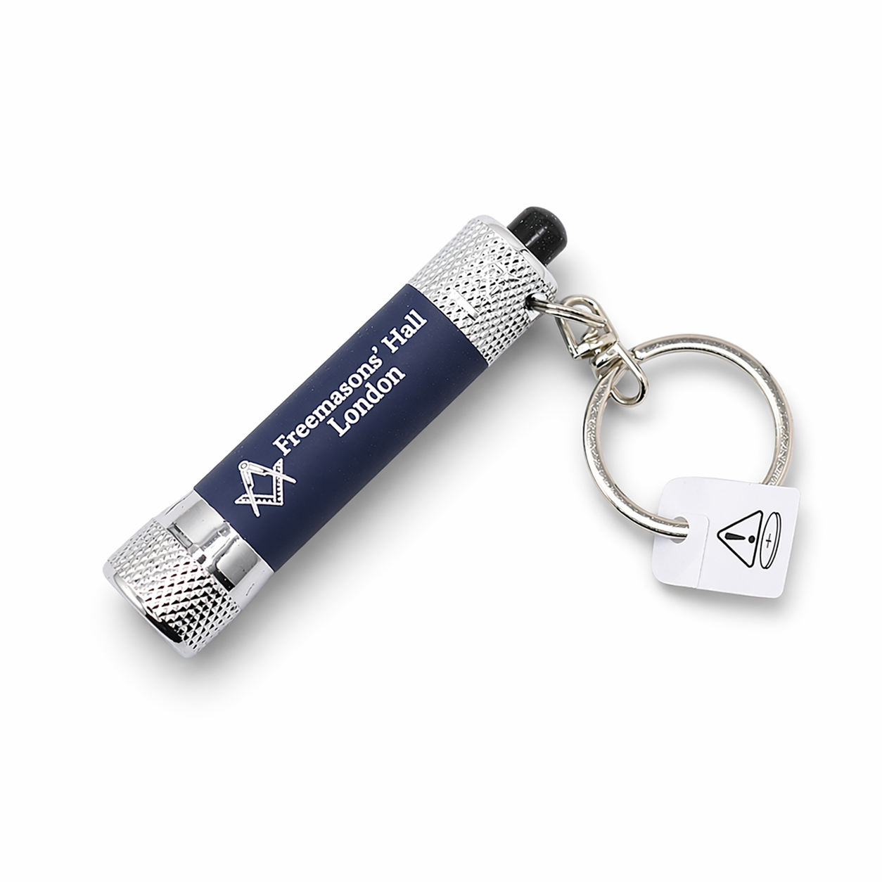 Navy blue flashlight keychain branded ‘Freemasons’ Hall London’ with a square-and-compass symbol