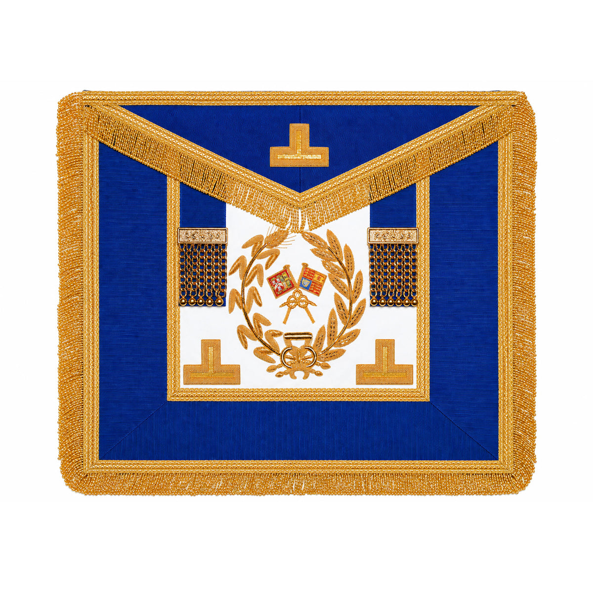 Grand Rank Masonic Apron dress style with blue trim, gold fringe, gold tassels and embroidered Grand Rank emblems