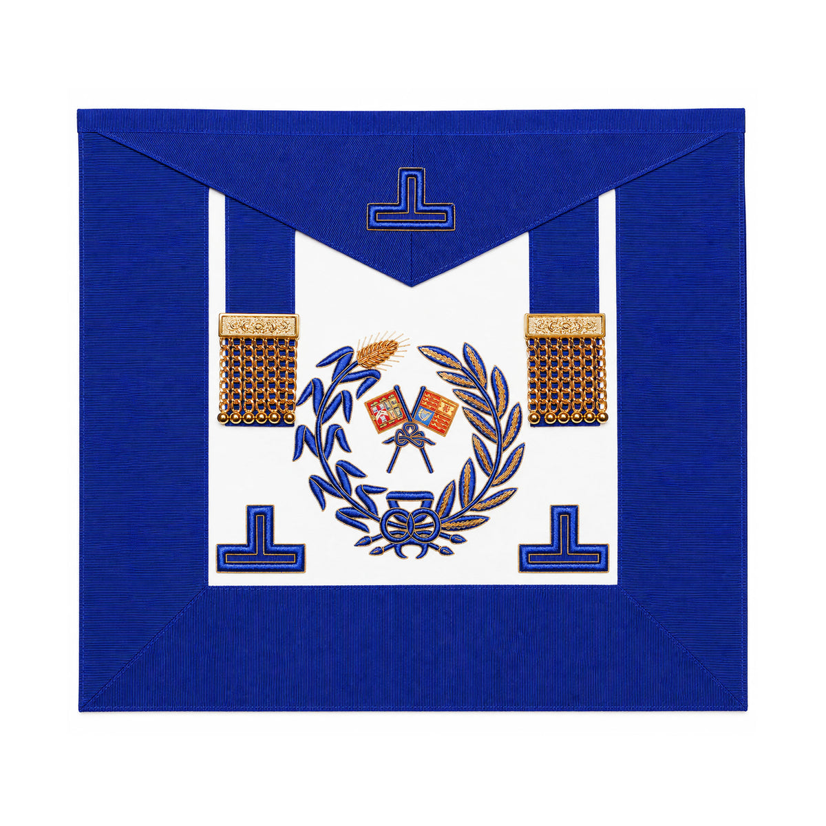 Grand Rank Masonic Apron undress style with blue trim, gold tassels and embroidered Grand Rank emblems