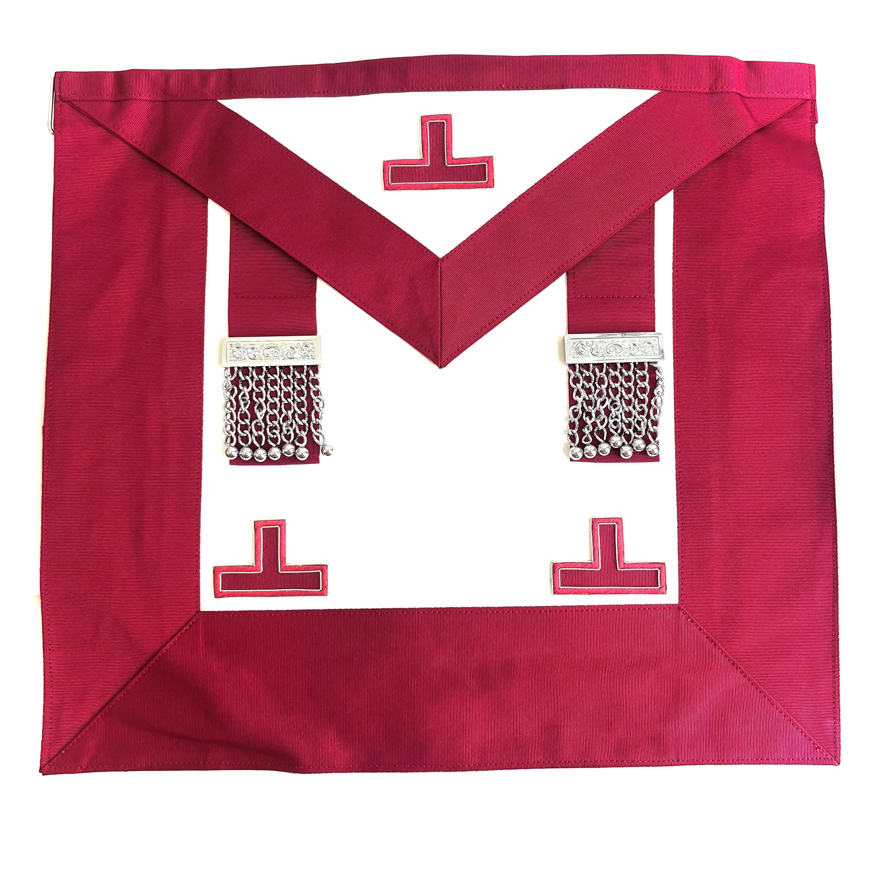 A red and white Masonic apron featuring white and silver geometric patterns and embellishments.