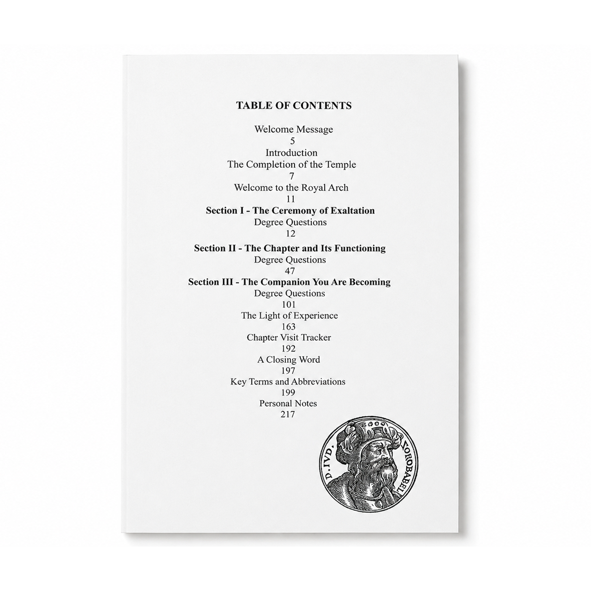 Table of contents for Masonic Royal Arch book: Handbook for the Newly Exalted Companion.