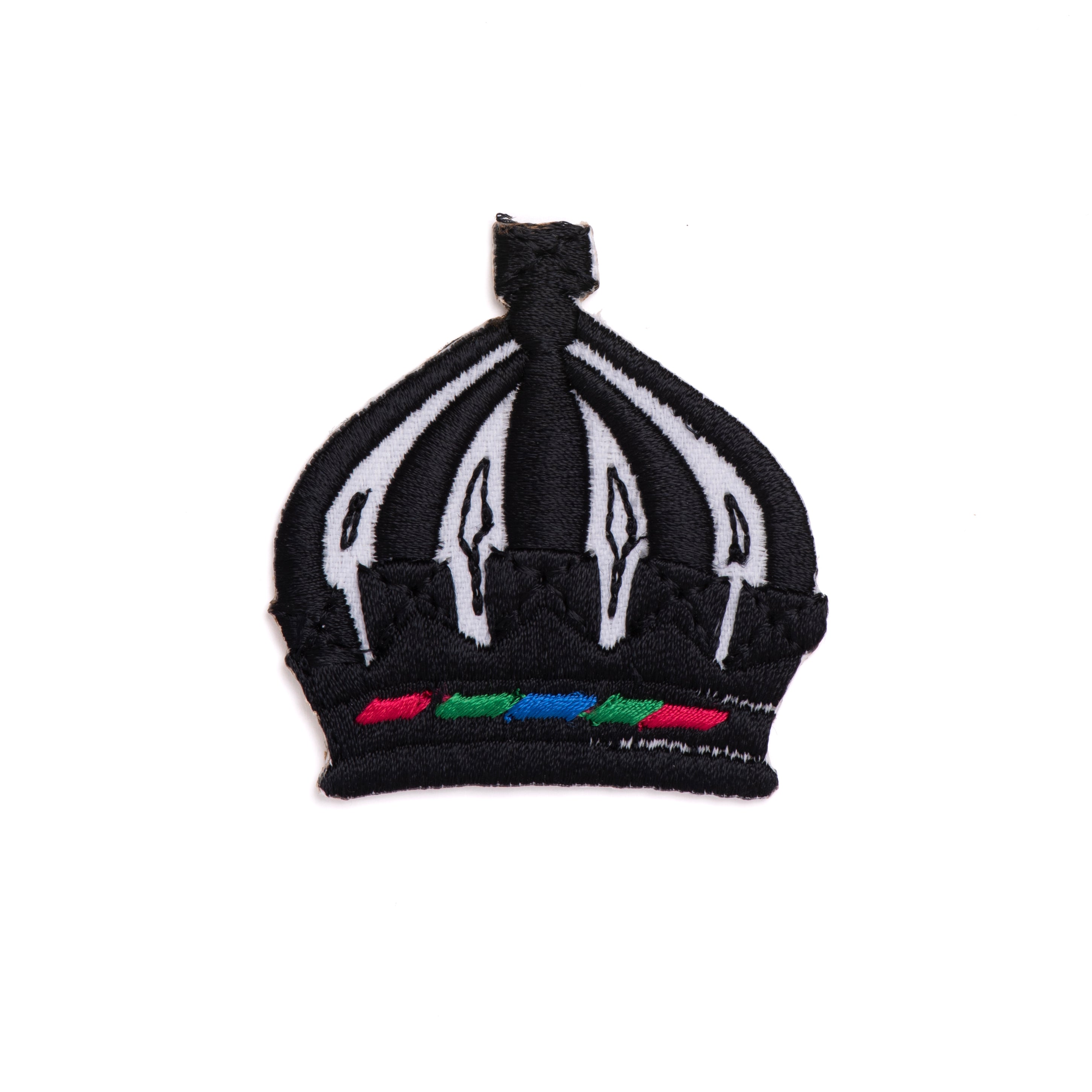 A black fabric sash crown with a white and multicolor design, for Masonic use.