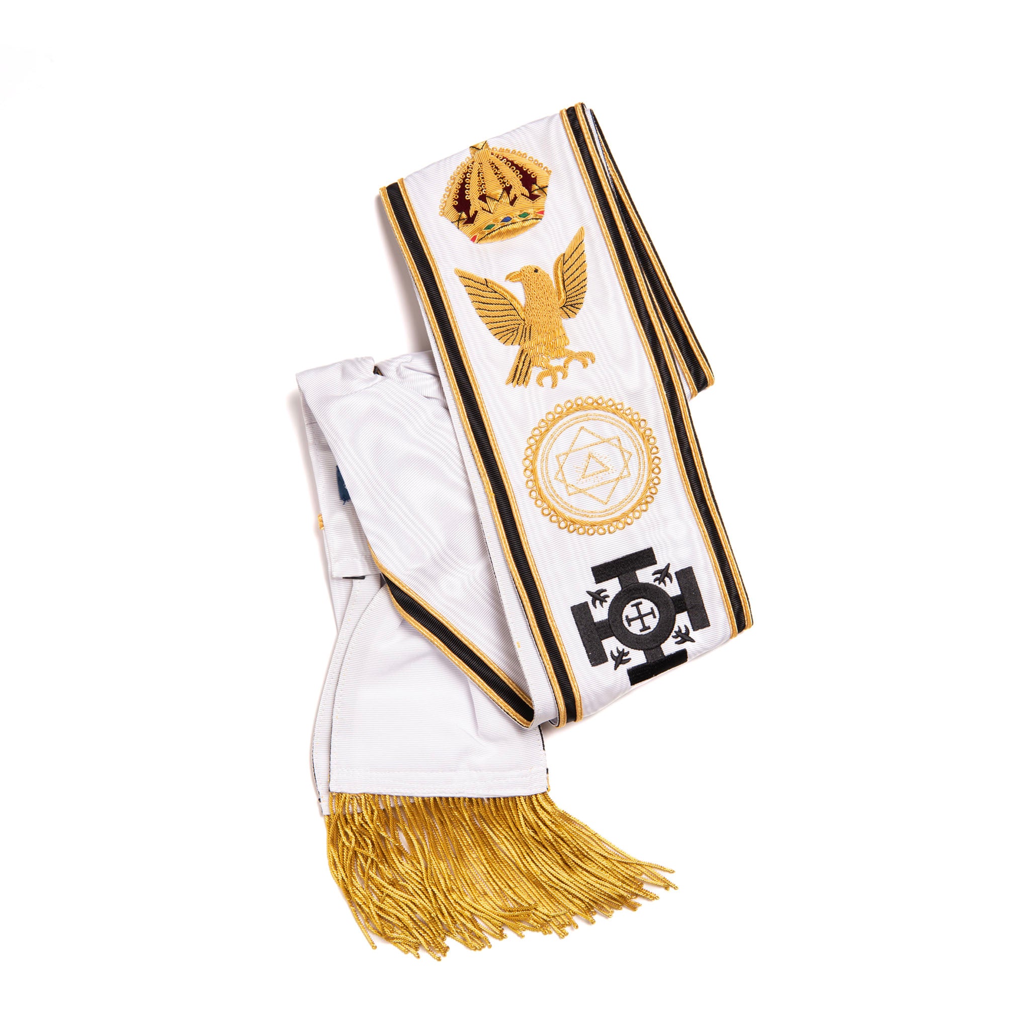 A white Masonic sash with gold braiding and embroidery, featuring a prominent golden eagle and black cross design, with a fringe at the bottom.