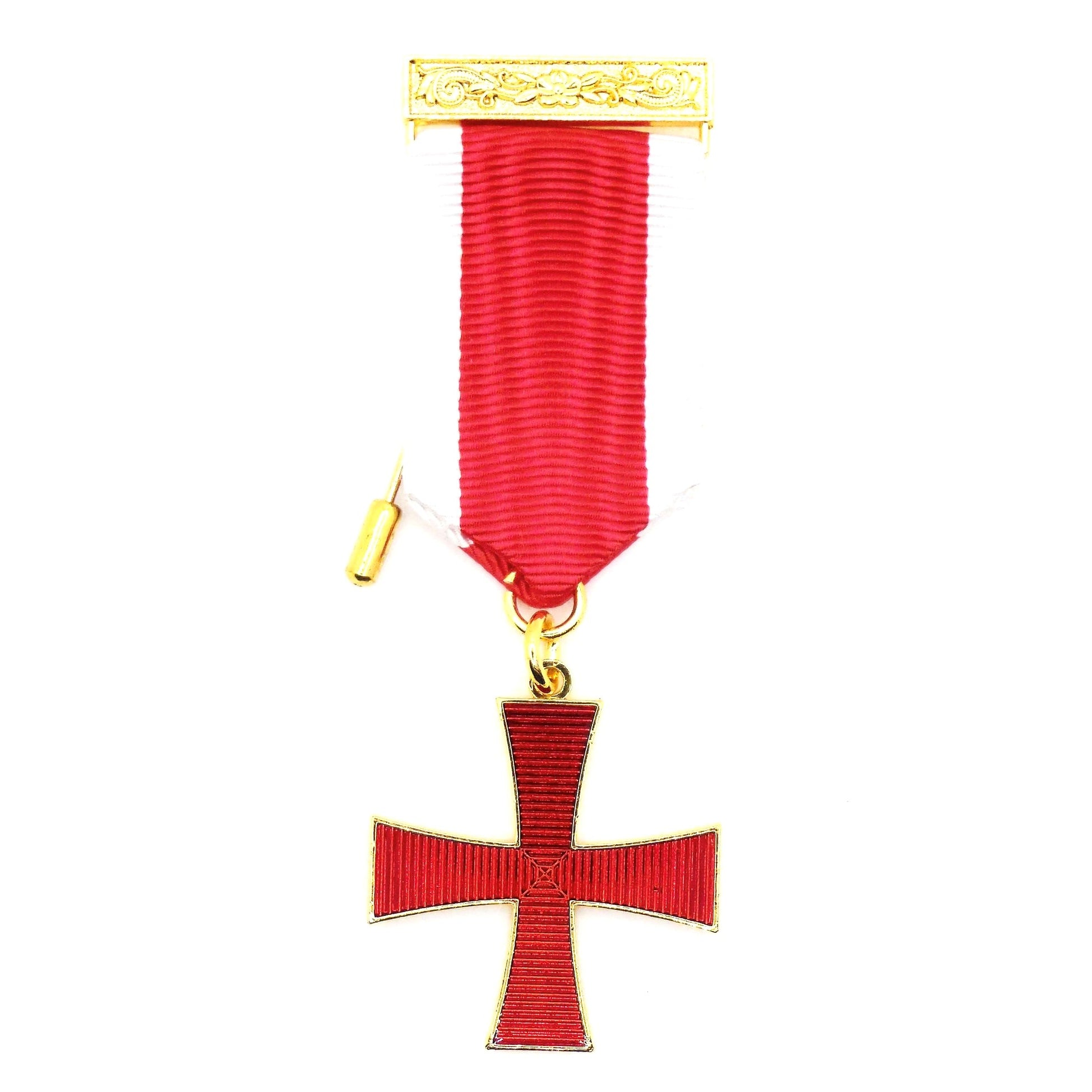 A Knights Templar Cross Breast Jewel with a red ribbon and gold-colored cross, featuring a stickpin fitting on the back.
