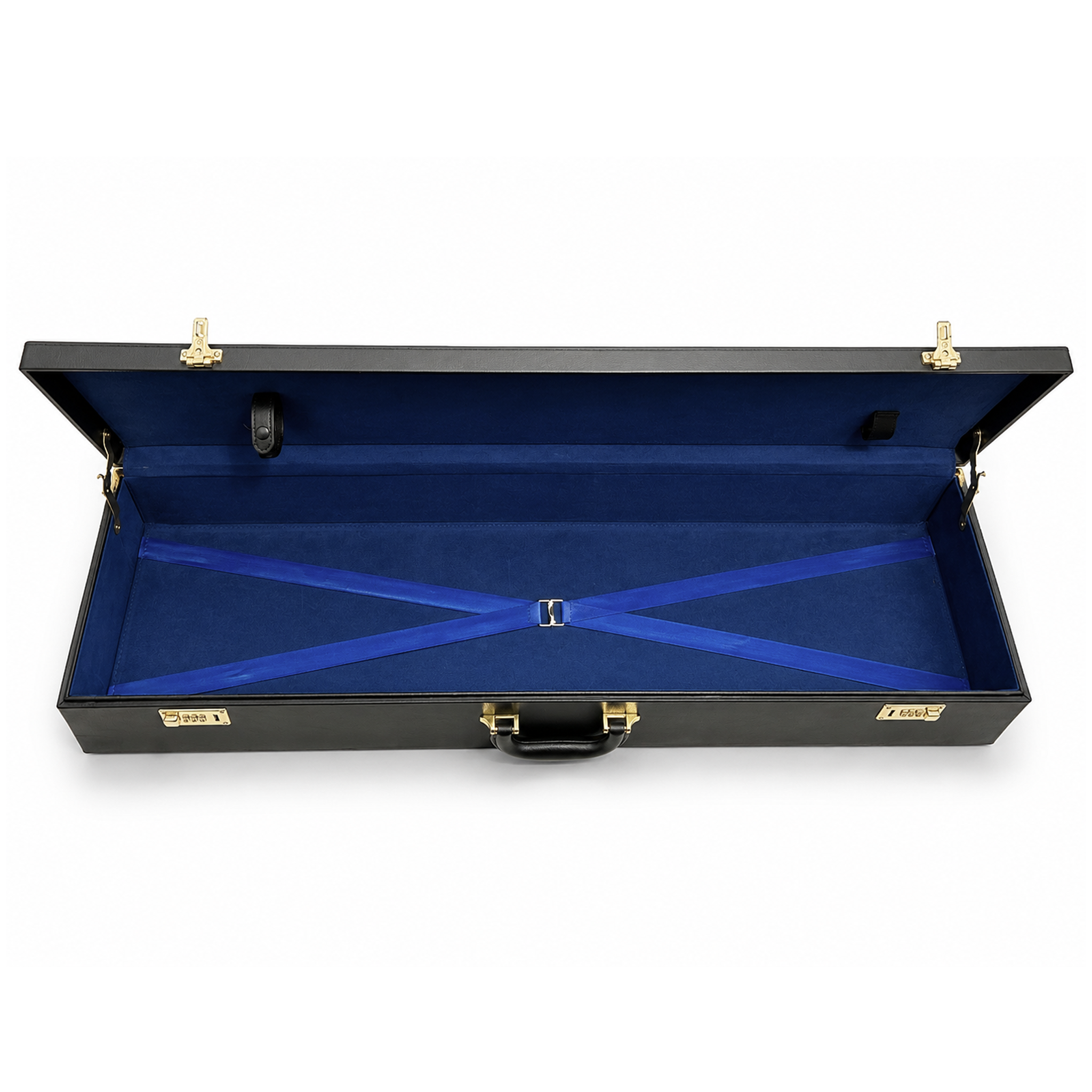 Overhead view of Masonic Knights Templar sword case with blue padded interior and securing straps for safe transport