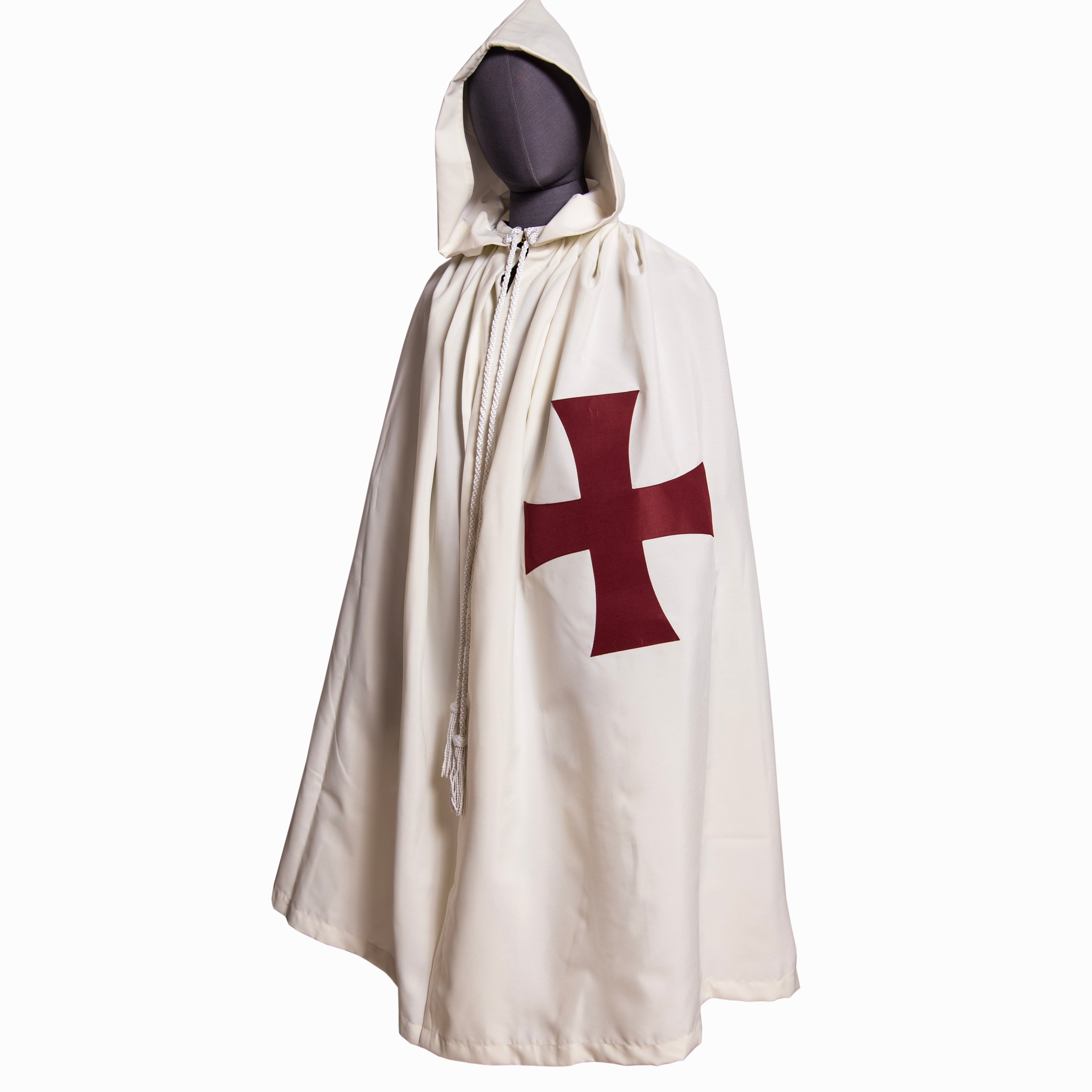 A Masonic Knights Templar Mantle,white hooded with a red cross emblem on the back.
