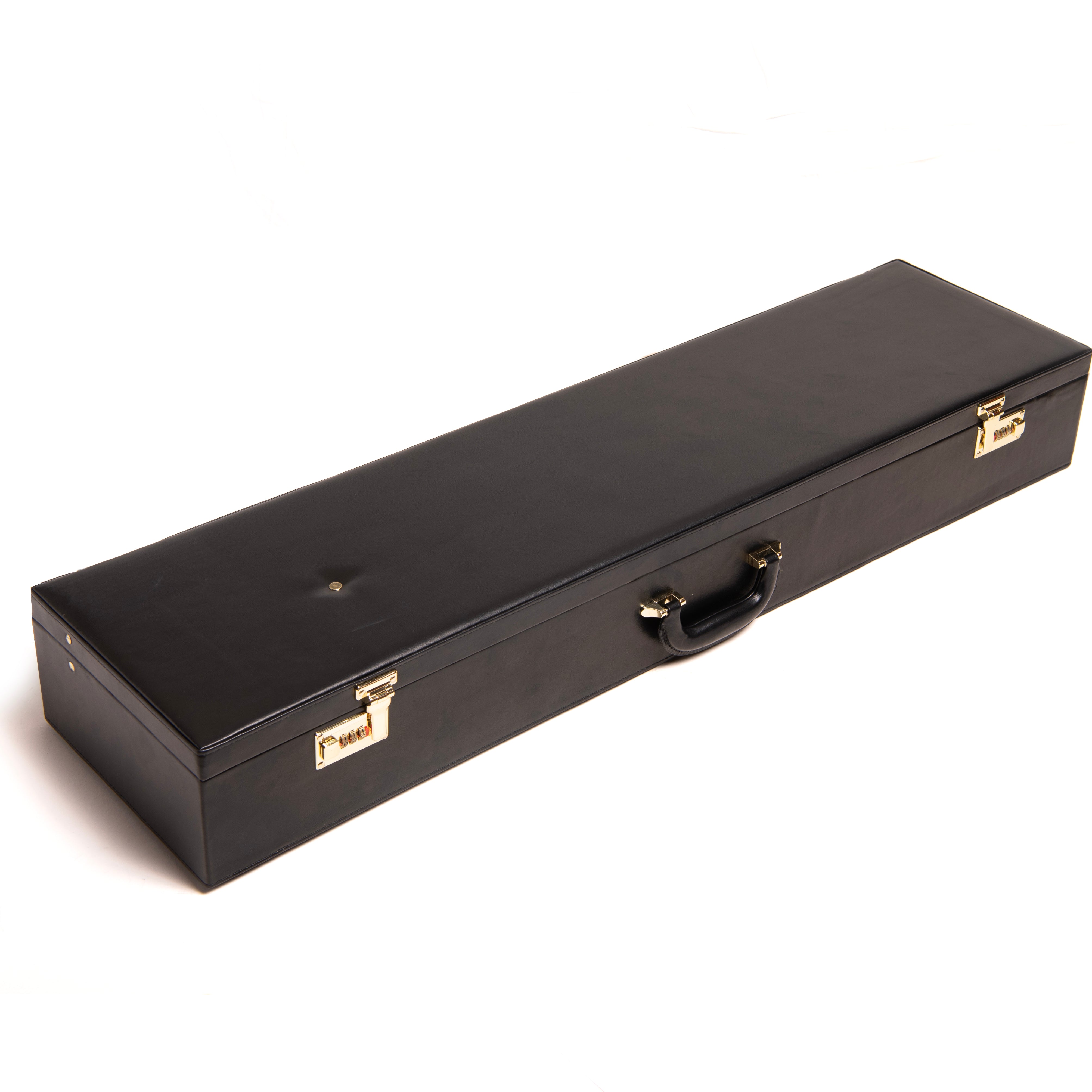 A black faux leather hard case with a combination lock, designed to accommodate KT regalia and sword.