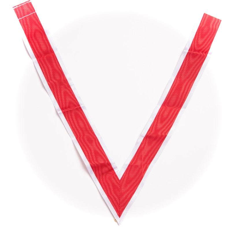 A Masonic 'V' neck collarette with a red and white design, featuring a swivel hook tip.
