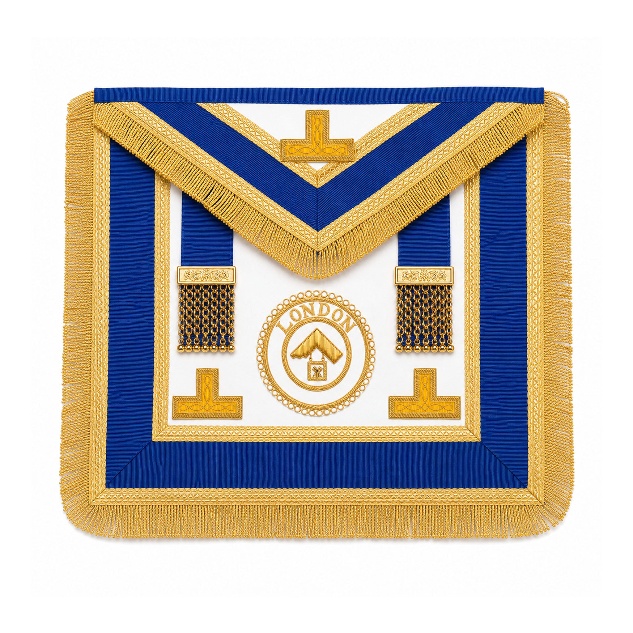 London Grand Rank Masonic Apron dress style with blue trim, gold fringe and embroidered London Grand Rank badge