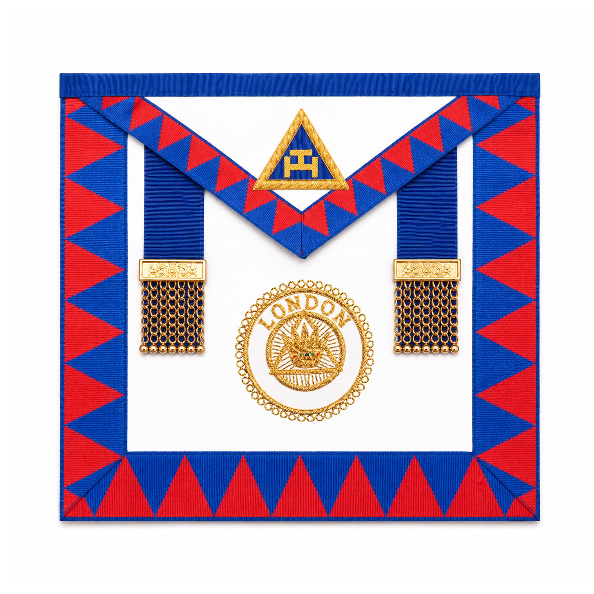 UGLE-approved Masonic Royal Arch London grand chapter rank apron featuring a white and blue front with a gold emblem, red and blue geometric patterns on the sides.