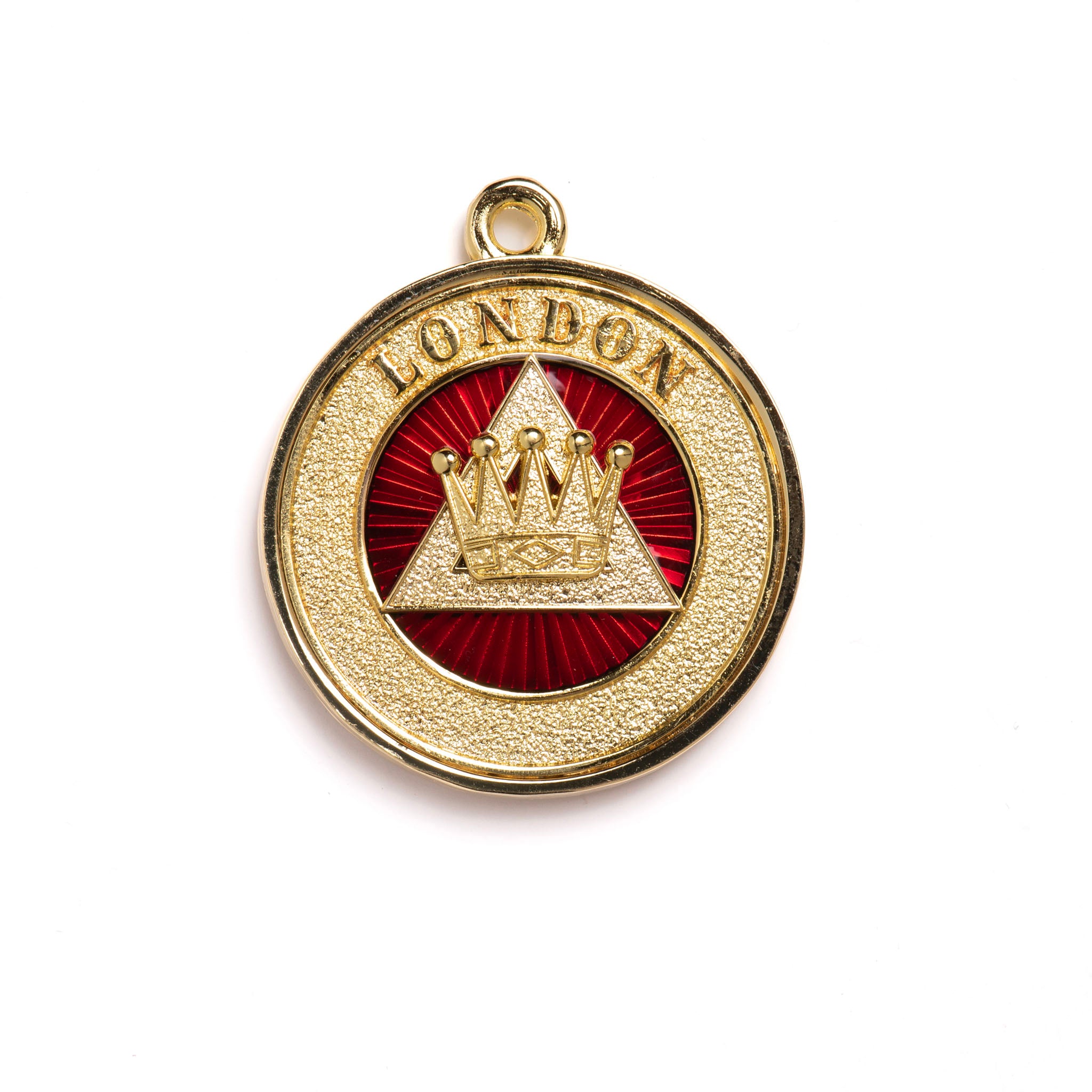A gold and red colored Masonic collar jewel with the word 'LONDON' and a crown motif in the centre.
