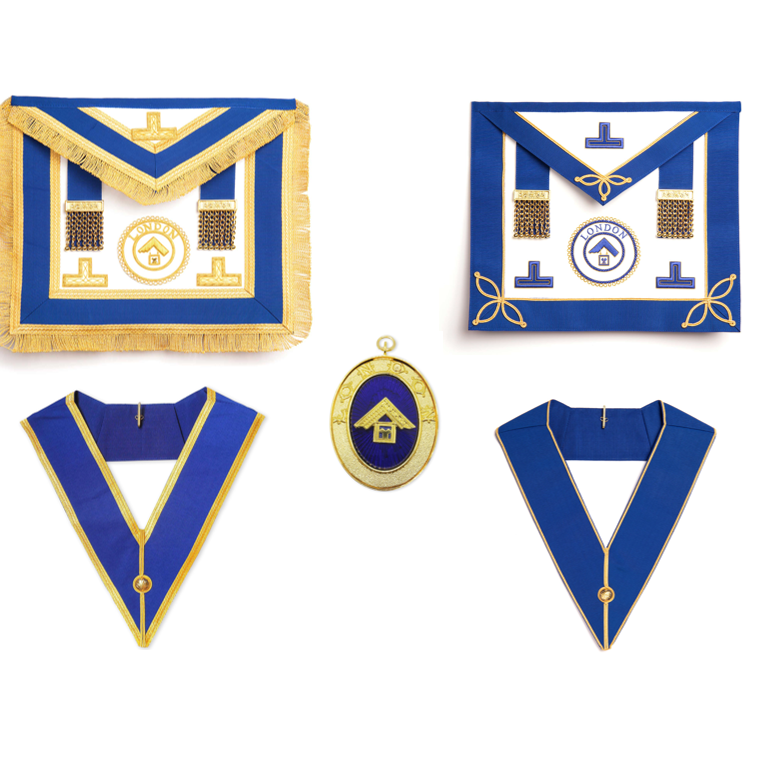 London Grand Rank Masonic aprons, jewel and collars with blue and gold colours on a white background