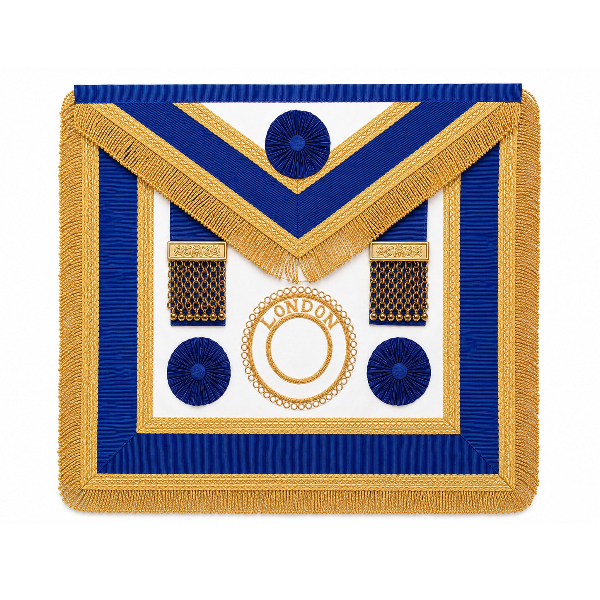 London Rank Masonic Apron dress style with blue trim, gold fringe and embroidered London rank badge