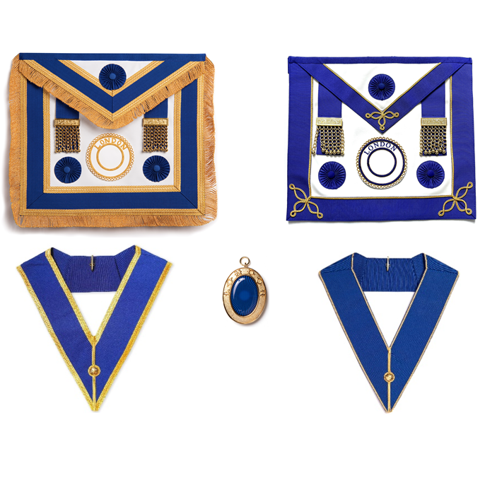 Masonic leather regalia including apron, collar, and pendant on a white background