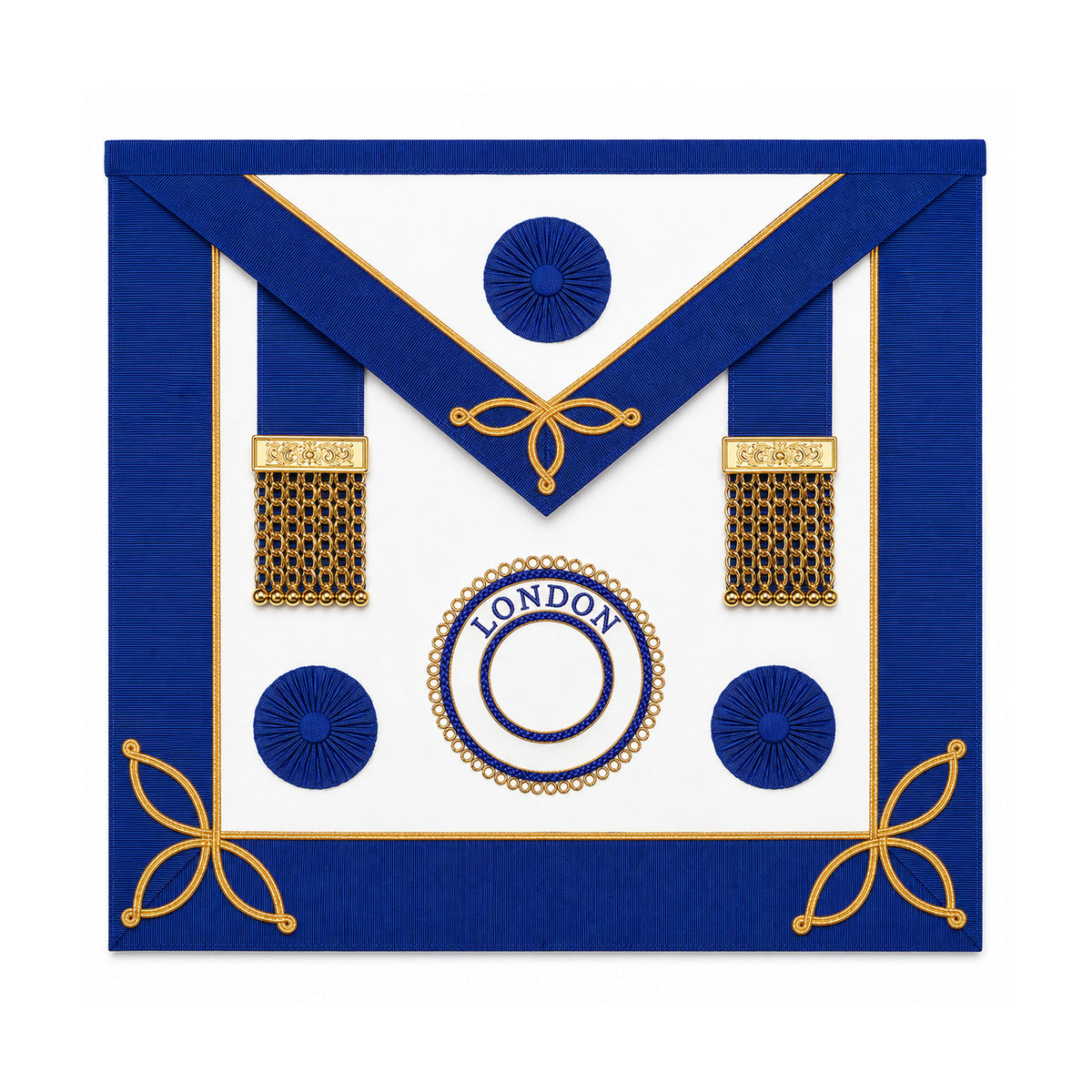 London Rank Masonic Apron undress style with blue trim, gold detailing and London rank badge