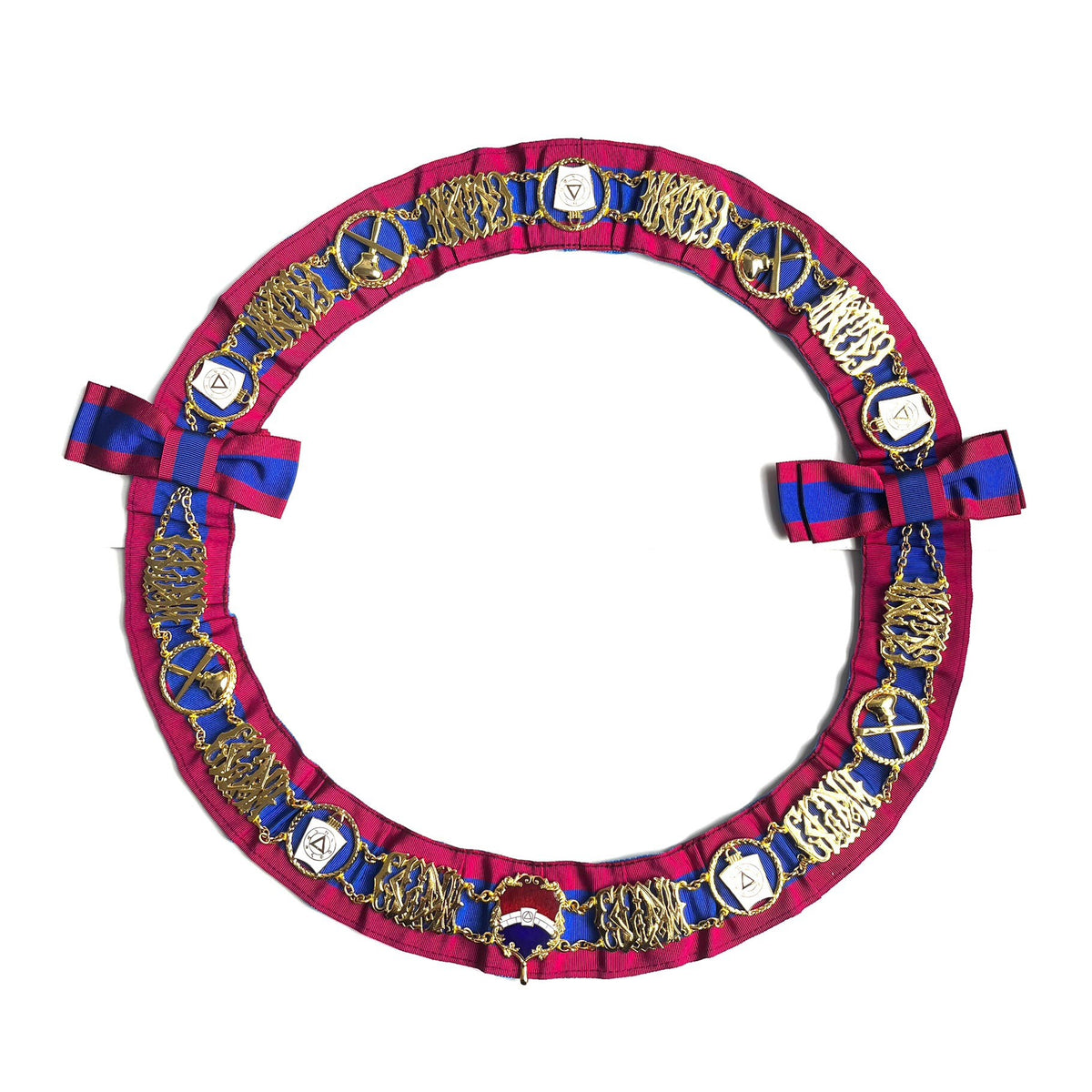 A circular Masonic Mark chain collar with red, gold, and blue colours and decorative elements.