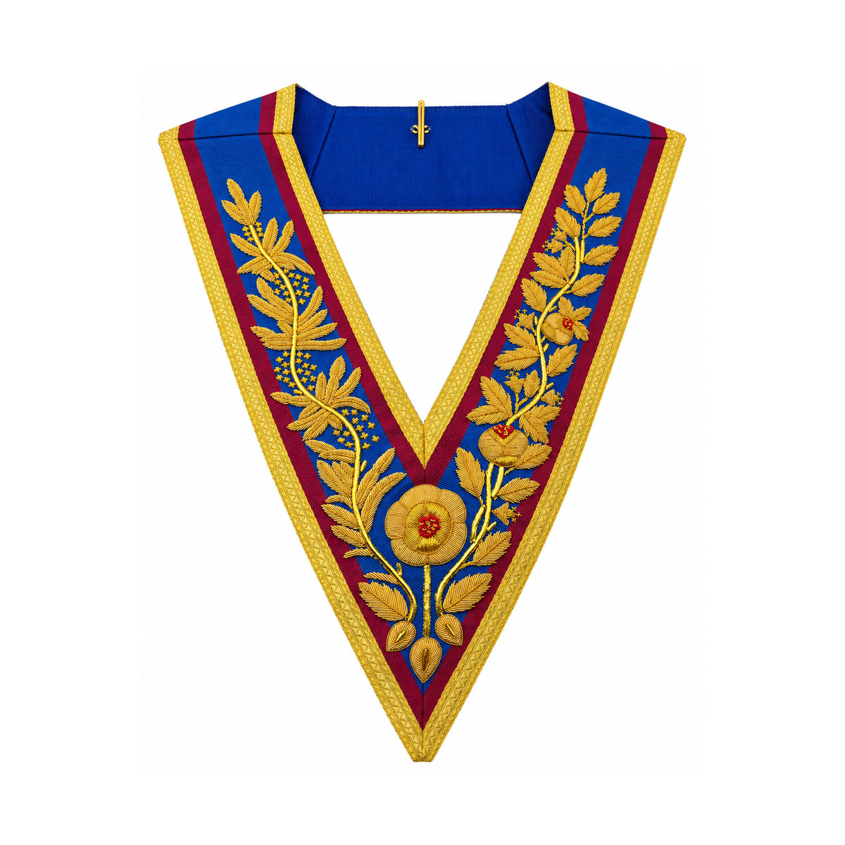 A Mark Grand Rank Collar Dress with blue, red, and gold colours and floral patterns.