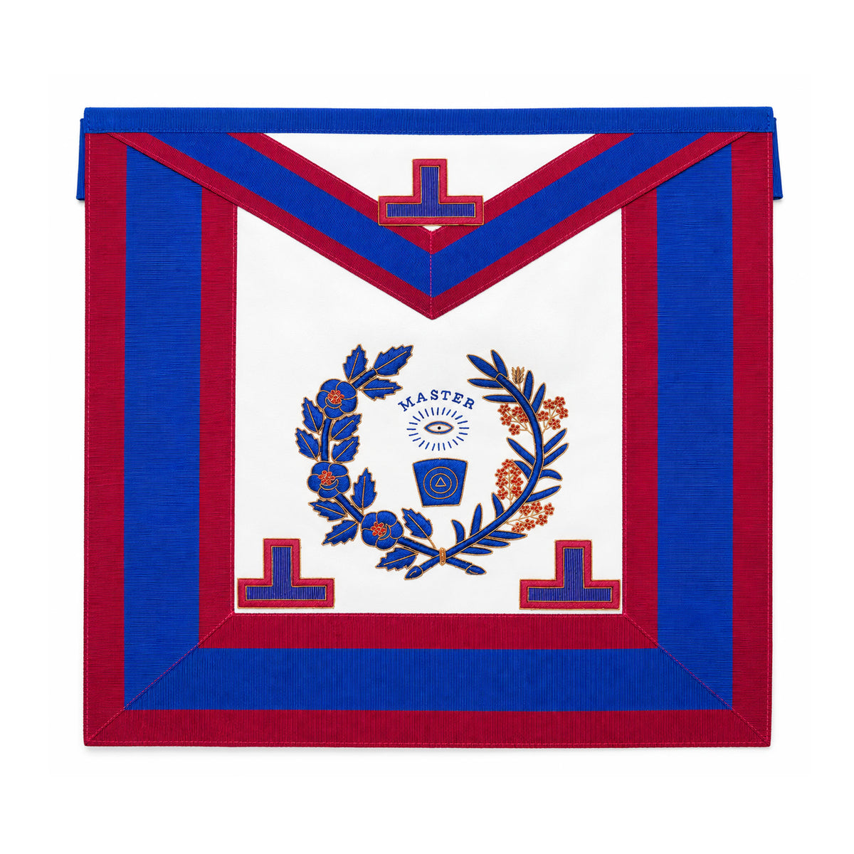 Mark Grand Rank Apron featuring blue and burgundy with white centre.