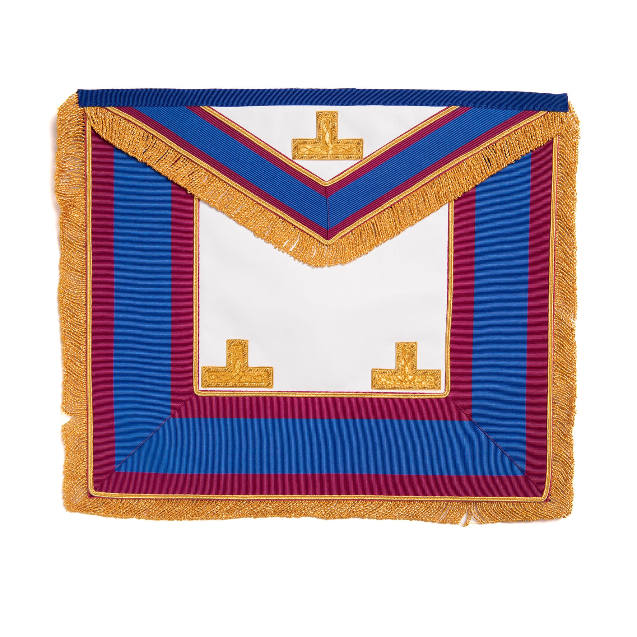 A Masonic provincial apron featuring blue and gold colors with a red collar and gold fringes.