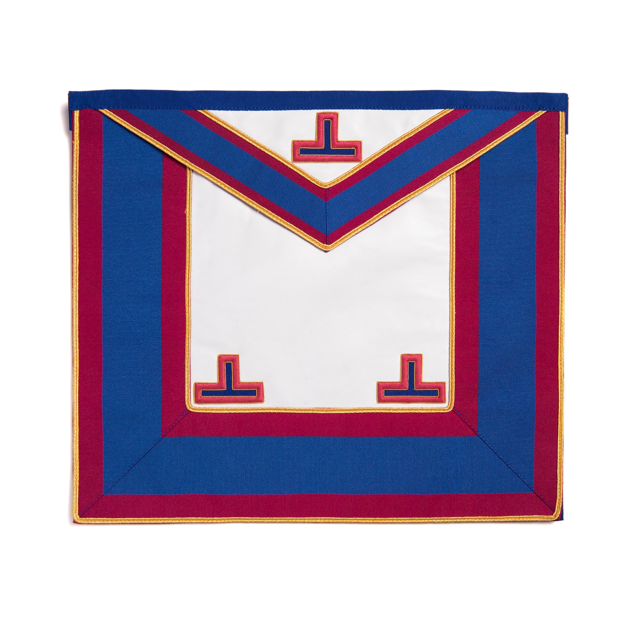 A Masonic Provincial Apron featuring a white field with a central design, surrounded by blue and red borders with gold trim.