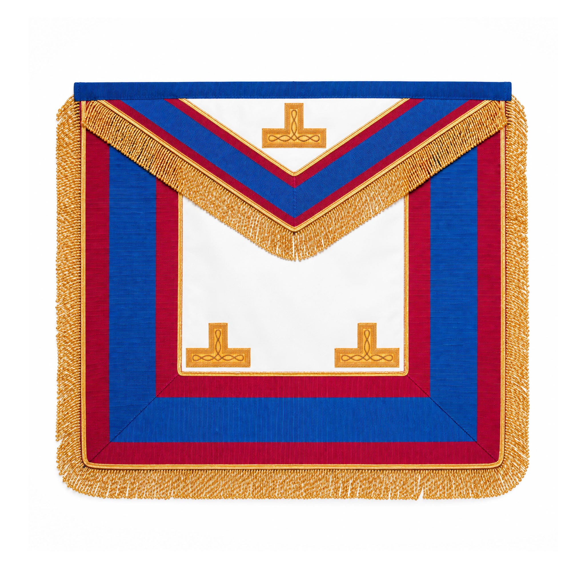 Blue and burgundy Mark Provincial Masonic apron with gold fringe and gold braid.