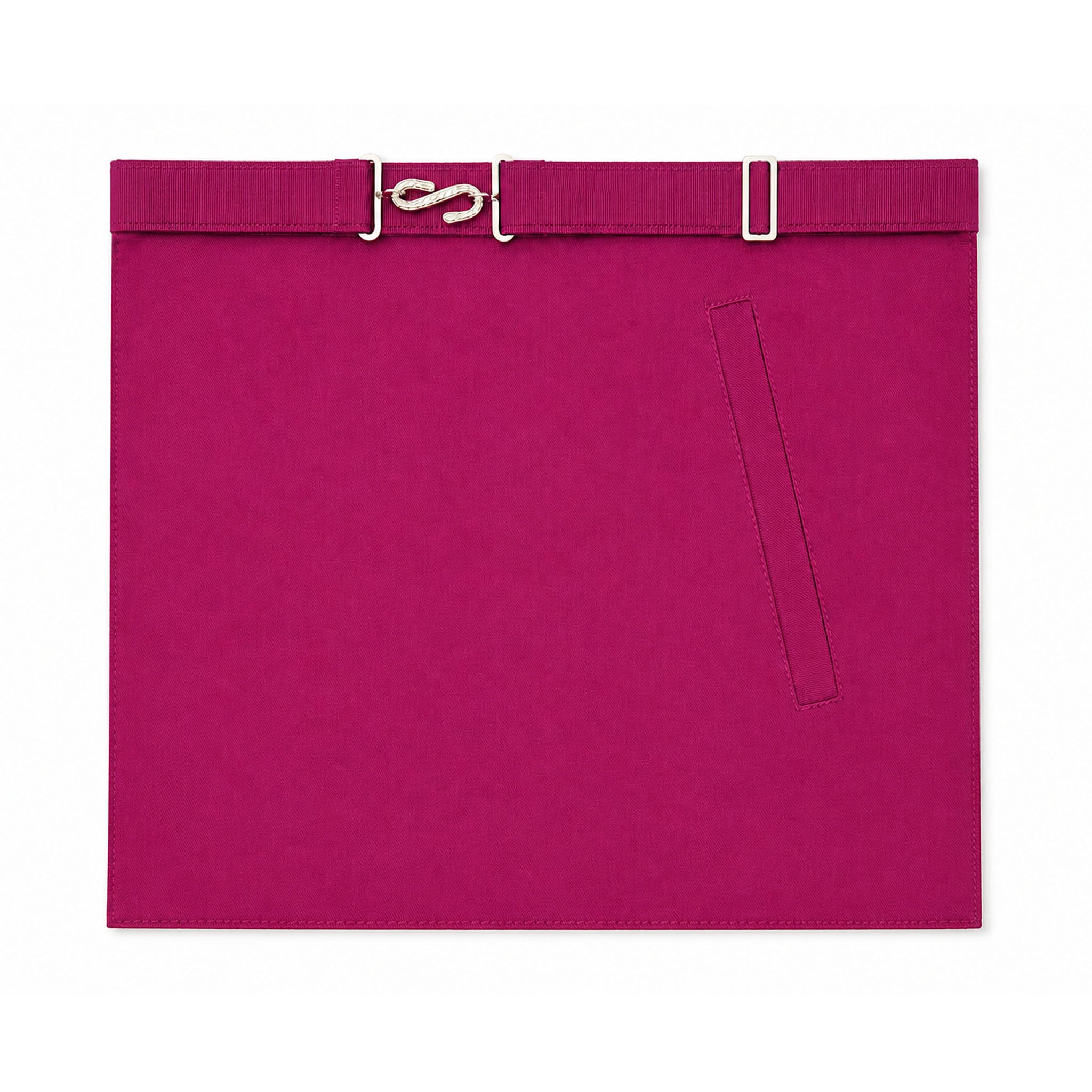 Official UGLE Mark Worshipful Apron: back view of silver snake adjustable waistband hook, and pocket to store essentials.