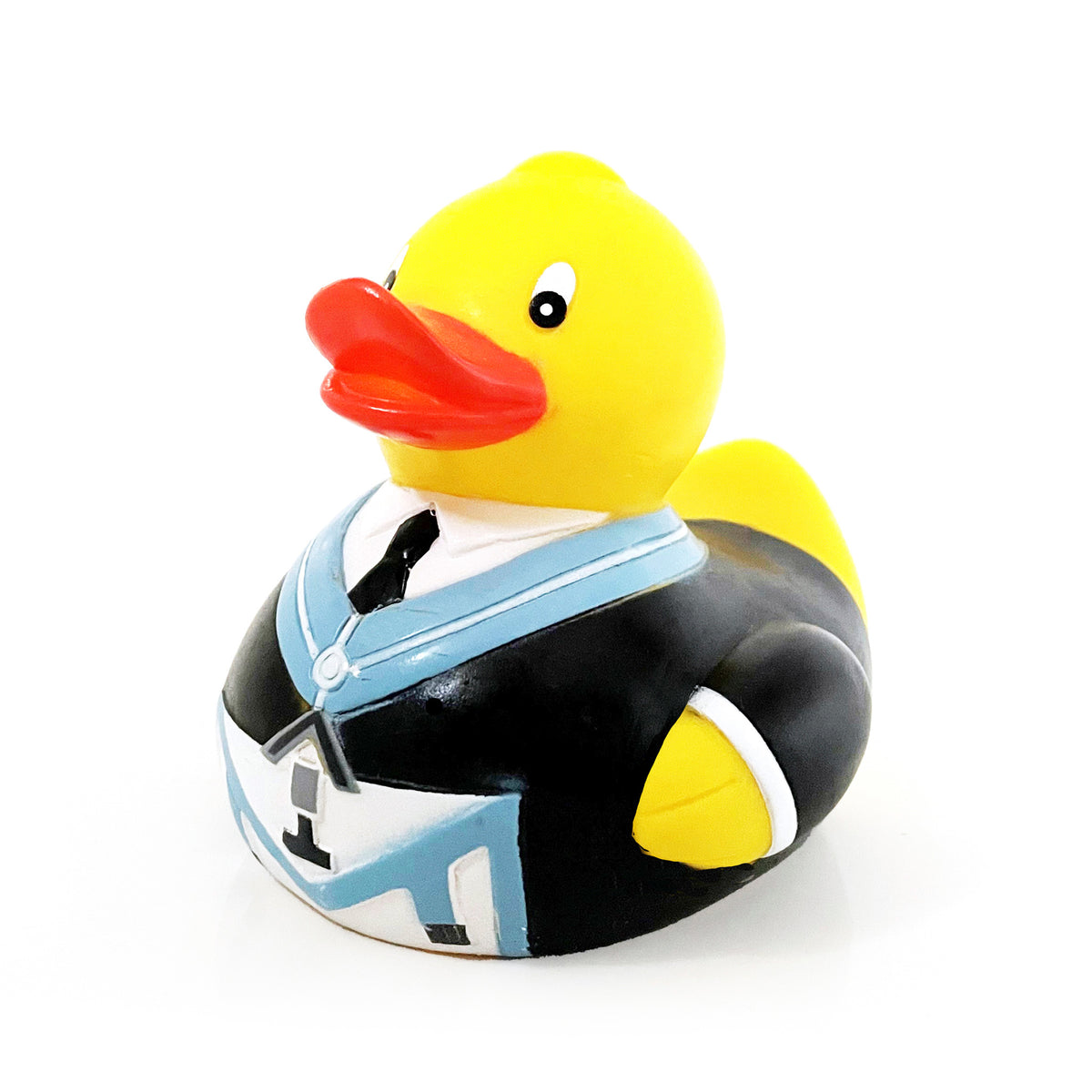 A rubber duck designed to resemble a male mason wearing a black and white outfit with blue details.