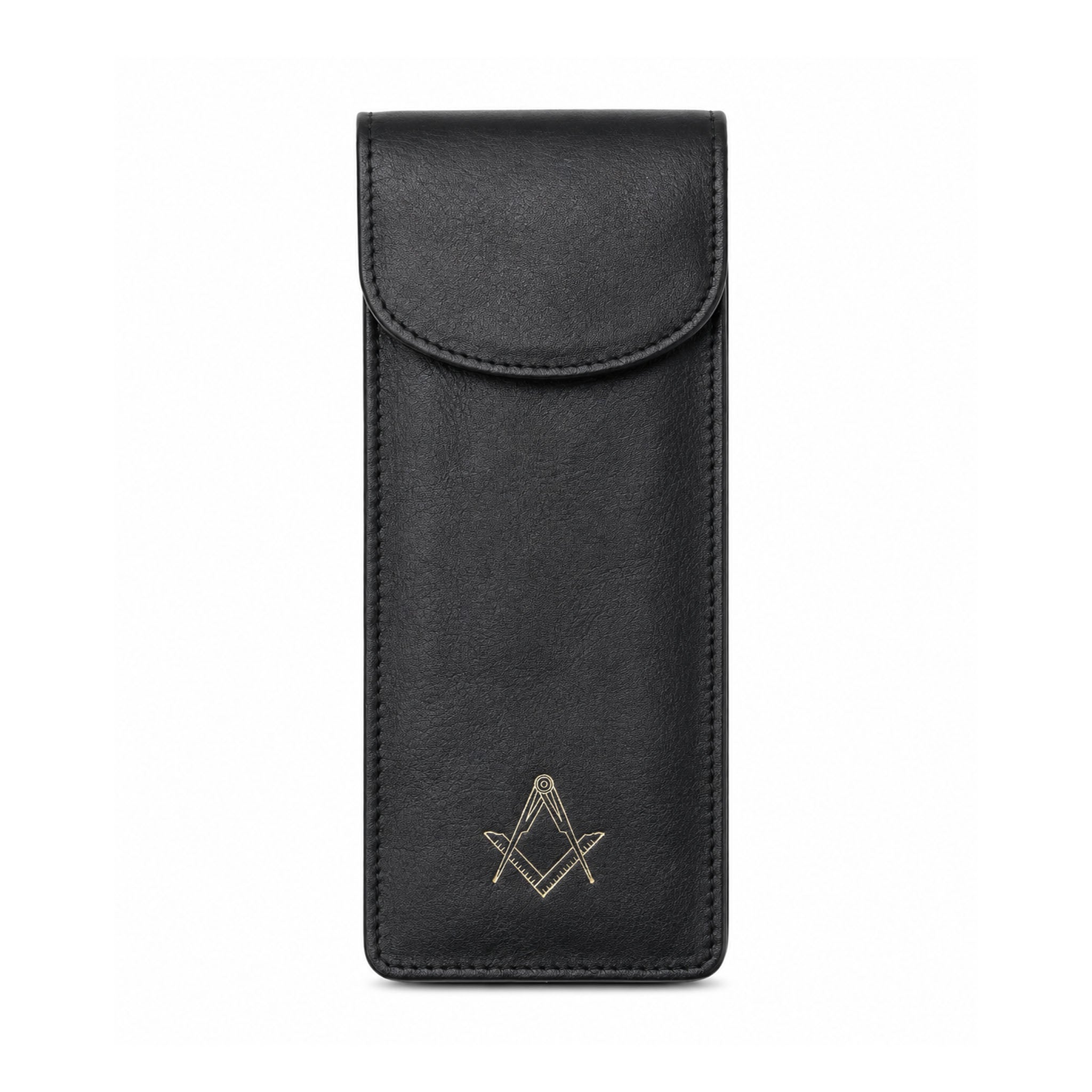 Black leather masonic double glasses case with gold square and compasses emblem