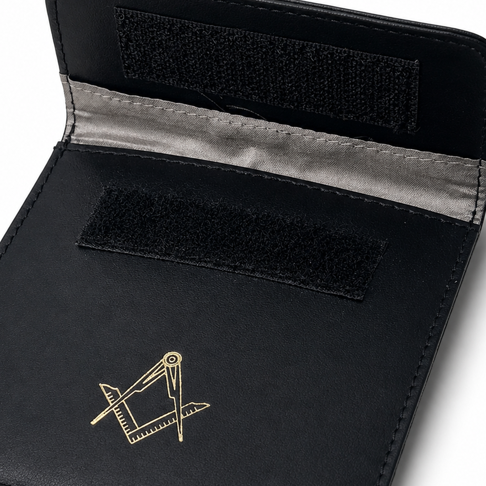 Black leather masonic car key pouch showing velcro fastening